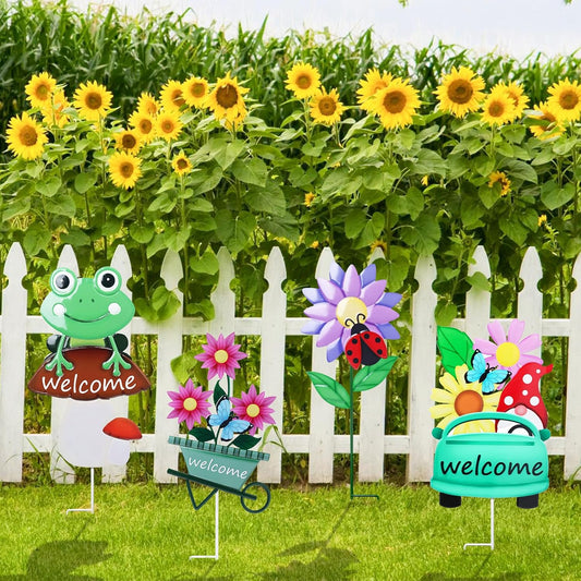 WONDER GARDEN Outdoor Garden Stakes Welcome Decor, 4Pcs Flower Yard Signs