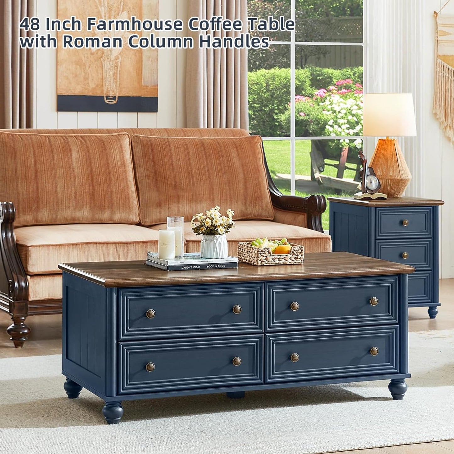 RWYHG 48" Farmhouse Blue Coffee Table, Center Table with 4 Drawers | High Capacity Hidden Storage, Smooth Roman Column Handles & Drawers, Solid Wood Sturdy Curved Legs, for Living Room,Office