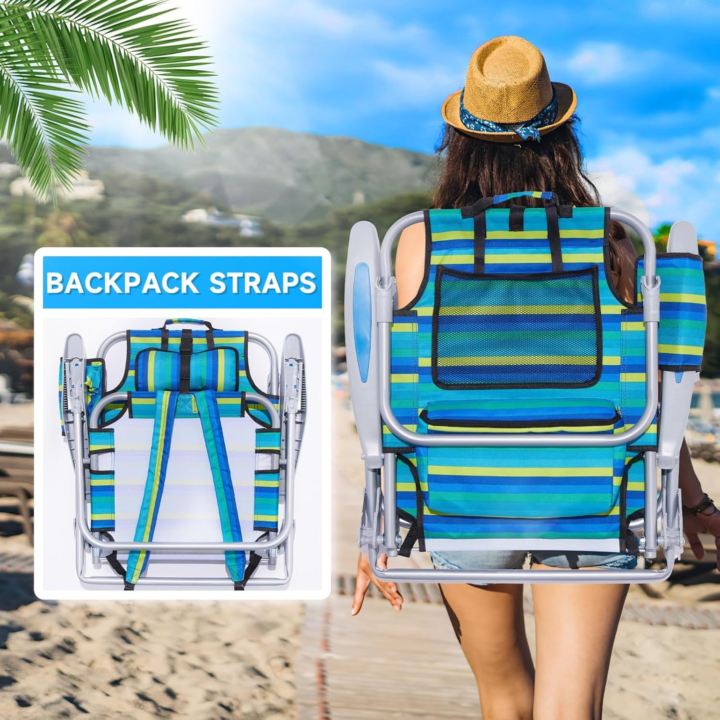 Portable Beach Chair for Adults, Outdoor Camping Chair Lay Flat Folding Backpack Beach Reclining Chair with 5 Positions, Headrest, Cup Holder, Heavy Ocean Striped