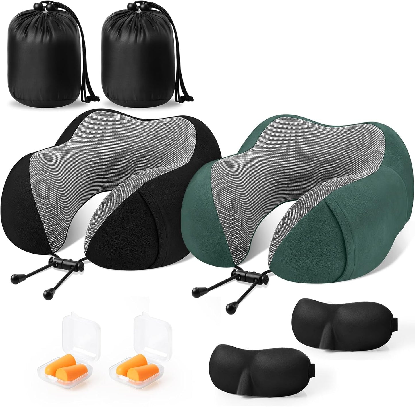 CloudBliss Travel Pillow for Airplane, Set of 2 Memory Foam Neck Pillow for Travel, Travel Neck Pillow for Long Flight, Car & Office, Trip Accessories with Eye Mask, Earplugs, Carry Bag, Black & Green