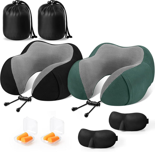 CloudBliss Travel Pillow for Airplane, Set of 2 Memory Foam Neck Pillow for Travel, Travel Neck Pillow for Long Flight, Car & Office, Trip Accessories with Eye Mask, Earplugs, Carry Bag, Black & Green
