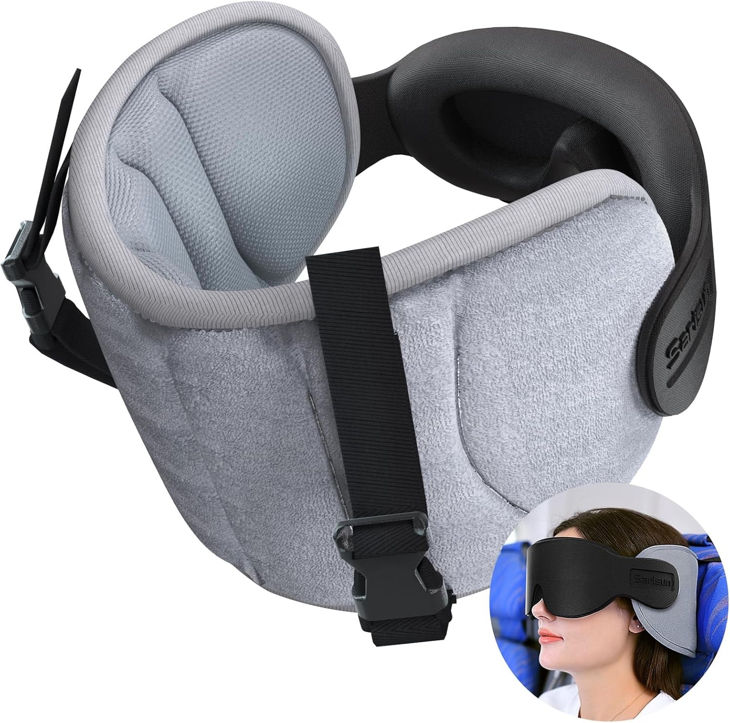 SARISUN Travel Pillow for Airplanes, Airplane Pillow for Long Flight, Neck Pillow with Eye Mask for Sleeping, Portable Travel Pillow for Car Road Trip Headrest, Stop Bobblehead, Grey