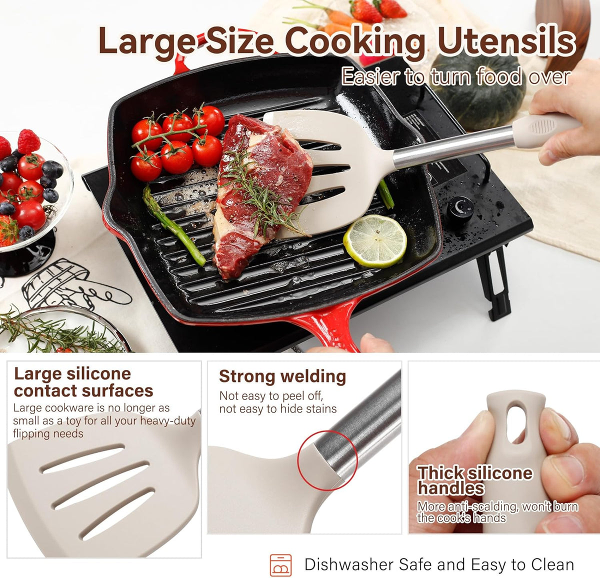 Silicone Cooking Utensils Set, NCUE 35 Pcs Kitchen Utensils Set with Holder, with Stainless Steel Handle Spatula Set, Spoons, Pasta Server, Cheese Grater, Masher, Scissors, Dishwasher Safe (Khaki)