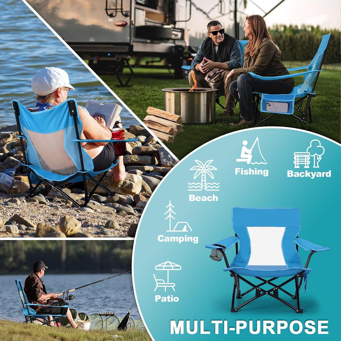 Joyfair Beach Camping Chair (2 Pack), Outdoor Folding Chair for Adults, Heavy Duty Portable Chair for Outside Fishing, Lawn, Sport, Patio, Armrest Cup Holder & Storage Pocket, Carry Bag (Blue)