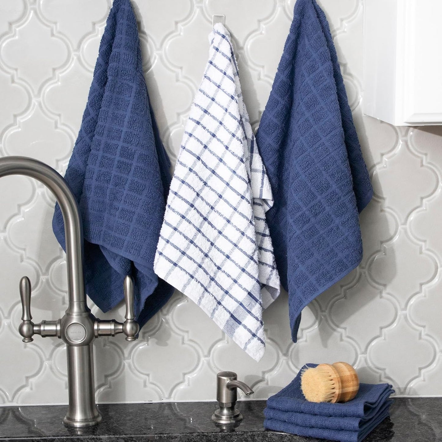 Ritz Premium Kitchen Towel and Dish Cloth Value Set: Highly Absorbent, Super Soft, Long-Lasting, 100% Cotton Checked and Solid Hand Towels, Tea Towels, Bar Towels - 6 Pack, Navy