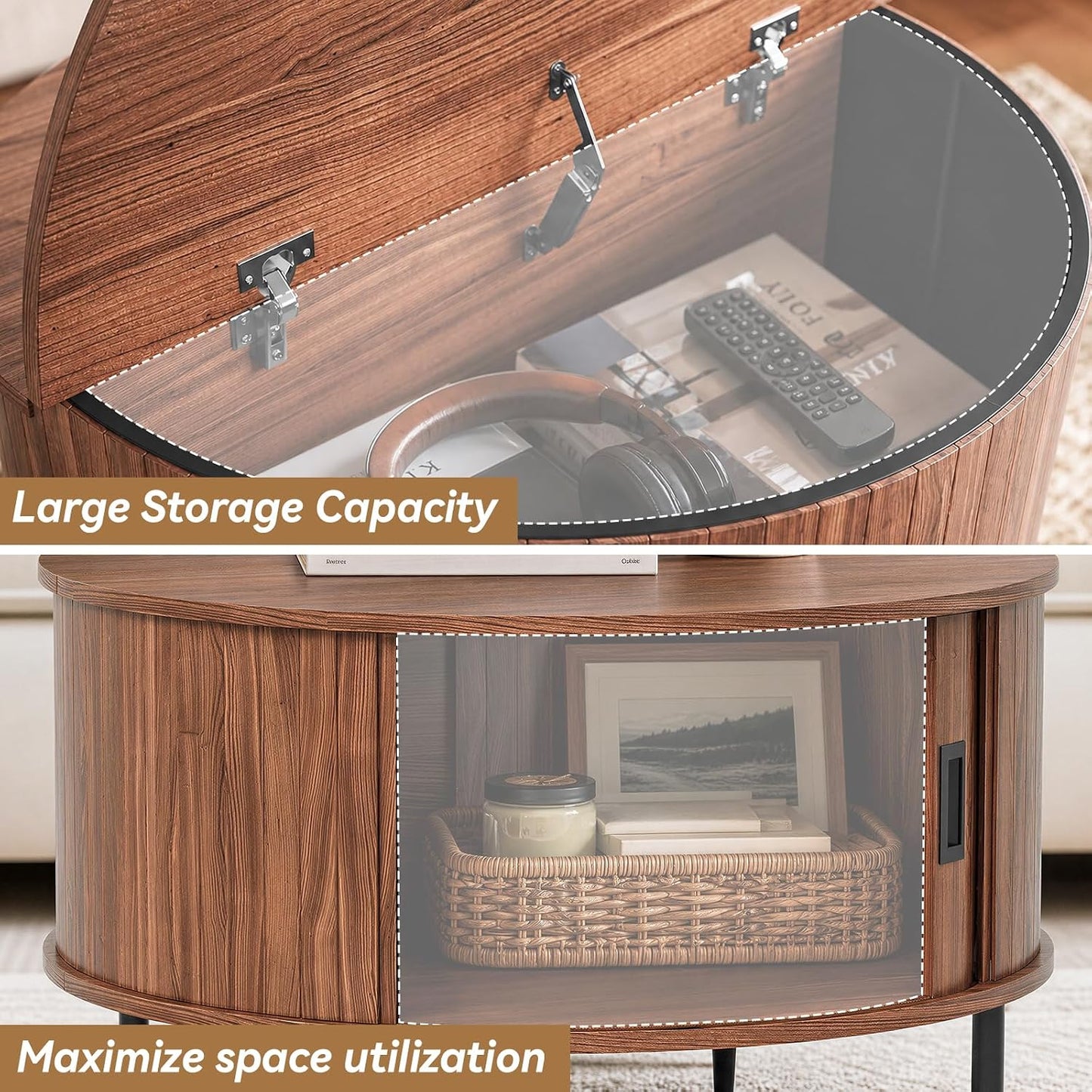ARTPOWER 31.5" Round Coffee Table with Storage Mid Century Brown Walnut | Easy Assembly,Solid Walnut,Heavy Duty,Flip Top Storage,Fluted Tambour Door,Water&Scratch Resistant Easy Clean,110lbs Capacity