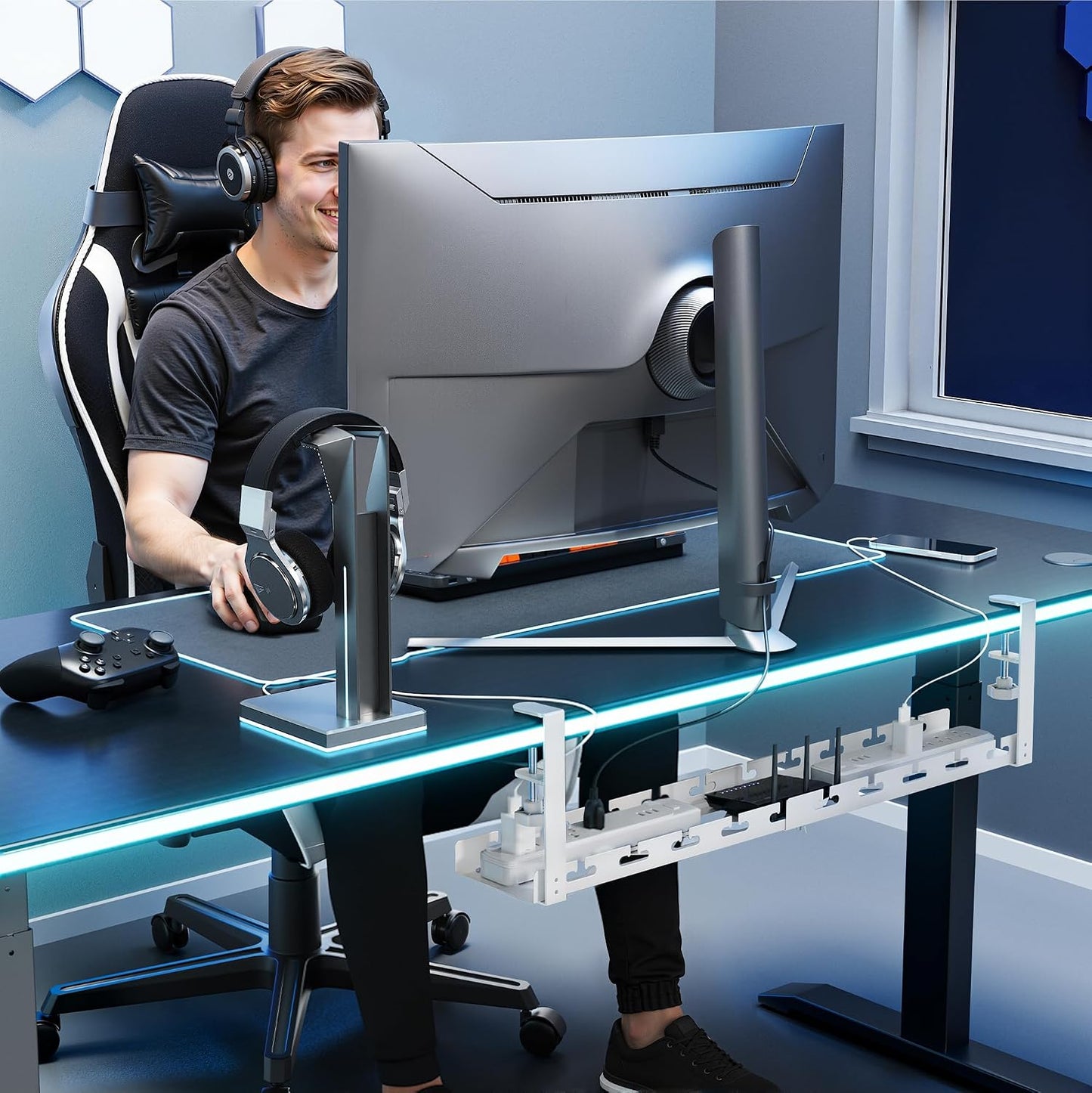 ARES WING 17"-28.7" Extendable Under Desk Cable Management Tray, No-Drill | Clamp-on Metal Cord Organizer with Cable Slots, Holds up to 11 lbs Desk Storage for Office and Gaming Accessories, White