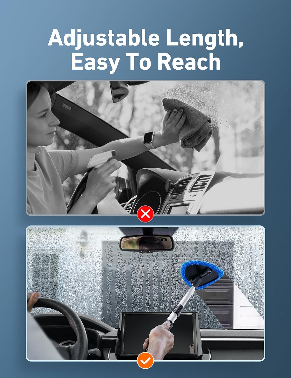 AstroAI 21" Windshield Cleaner Tool, Car Interior Detailing Cleaning Kit with Extendable Handle and 4 Upgraded High-Density Reusable Microfiber Pads, Auto Glass Wiper Brush Kit for Cars, Blue
