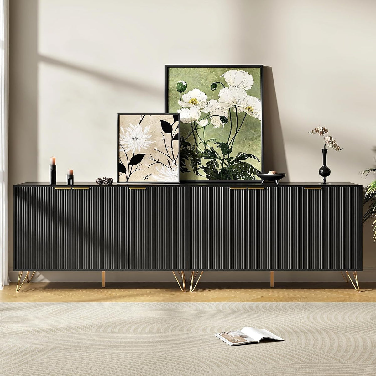 90 inch TV Stand with 6 Fluted Doors and Adjustable Shelves, Black丨Modern Entertainment Center Cabinet, Wood Media Console Storage Cabinets for Living Room Bedroom