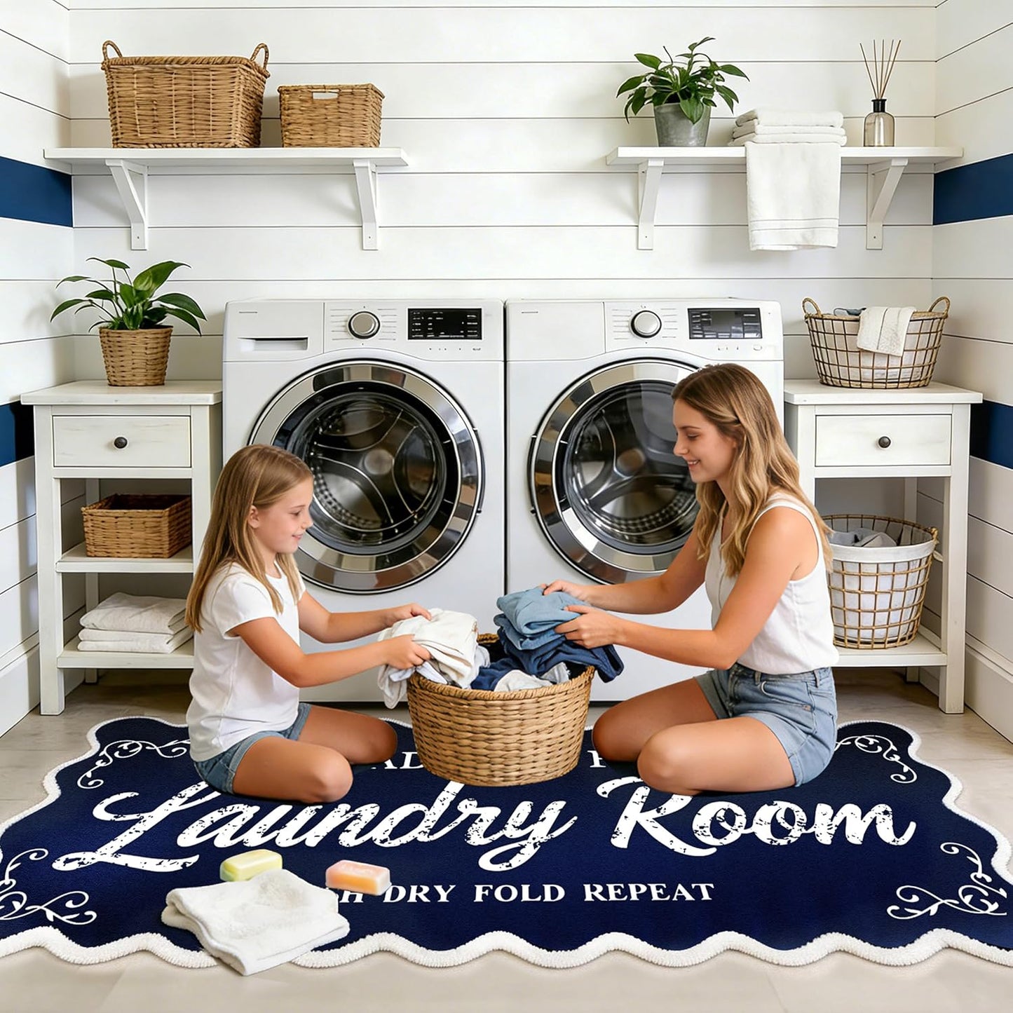 Laundry Runner Rug 20″x47″, Dark Blue Scalloped Non-Slip Washable Laundry Mat with TPE Backing – Soft Cushioned for Laundry Room Organization & Farmhouse Decor, Ideal for Kitchen, Mudroom & Bathroom