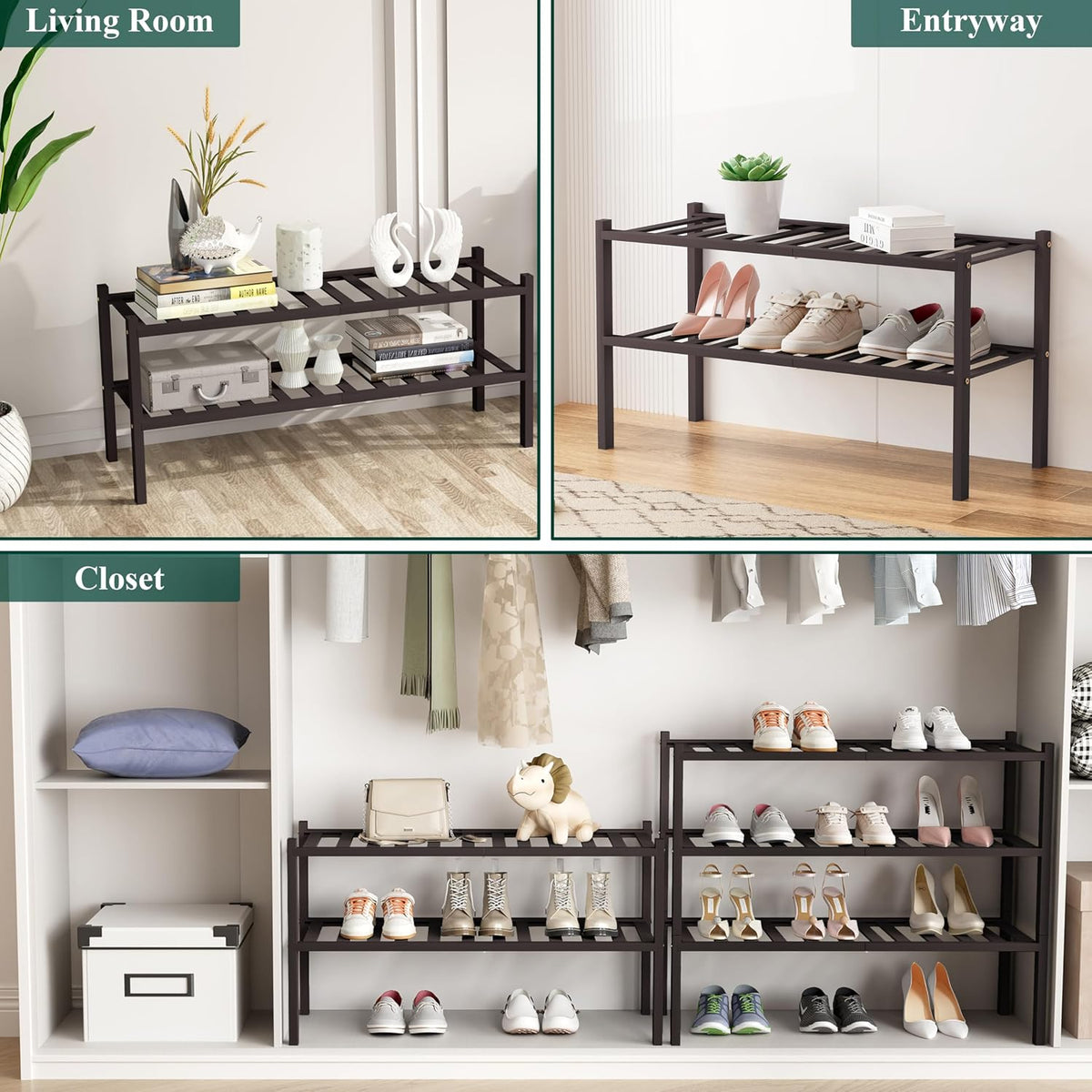 Smiry Bamboo Shoe Rack, 12 Vertical Slats, 6 Tier - 26.8" Wide, Brown