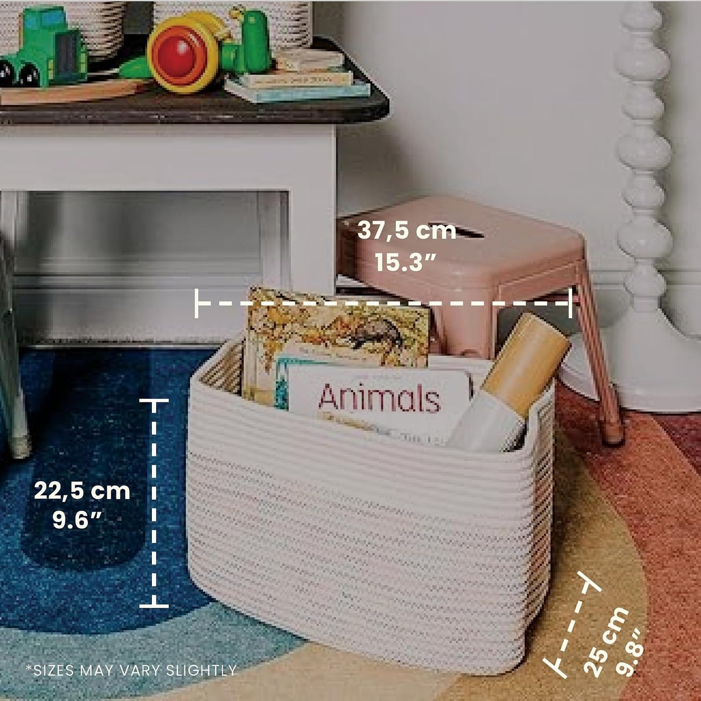 OrganiHaus Rainbow Baskets for Shelves, Set of 3, 15x9x10 | Colorful, handwoven cotton rope; a toy bin for playroom, classroom, or girls' room decor; great for nursery too