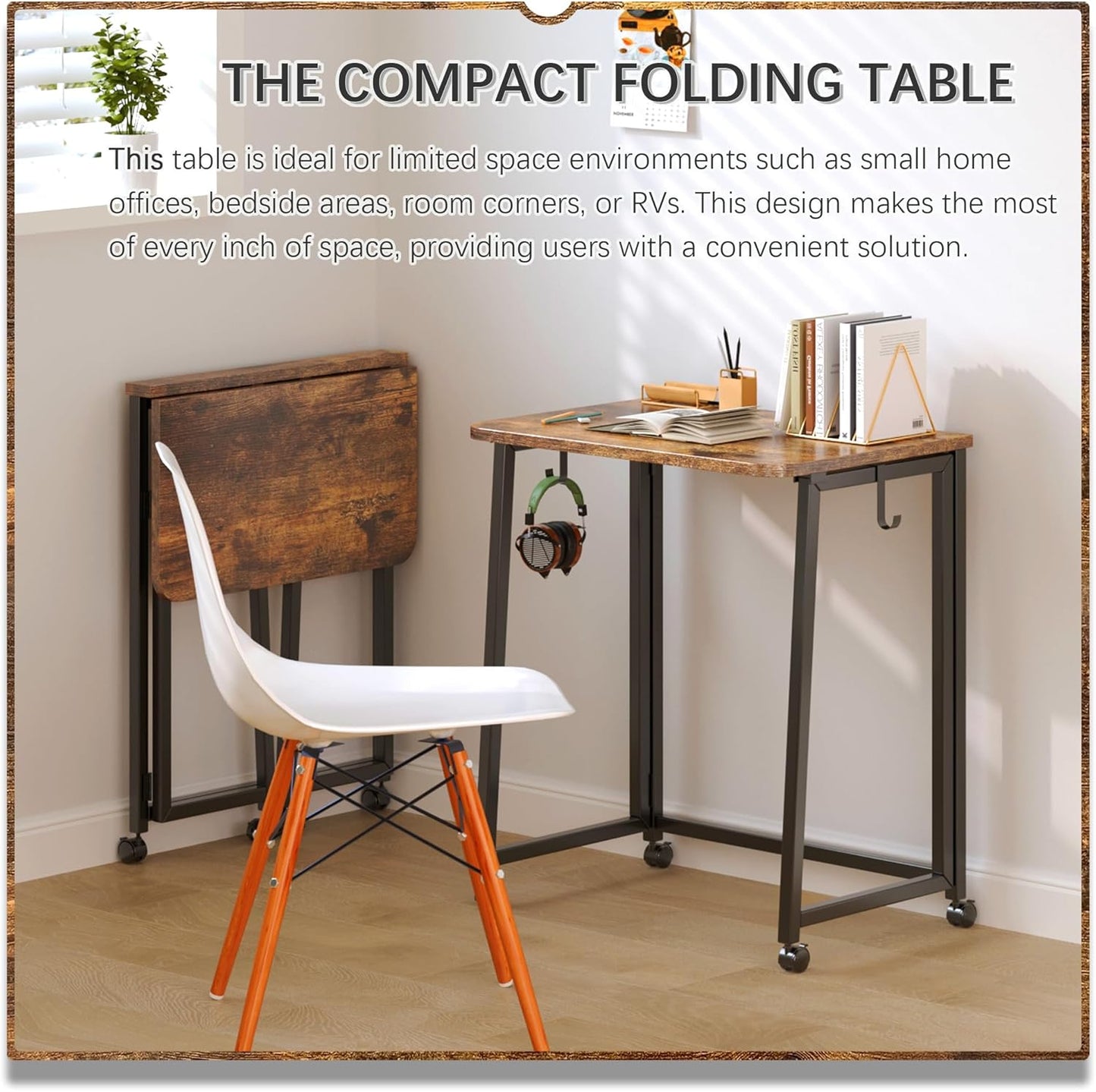 4NM 23.6" Mobile Small Folding Desk, Foldable Rolling Computer Home Office Desk, Study Writing Table for Small Space Saving Bedroom, with Wheels - Rustic Brown and Black