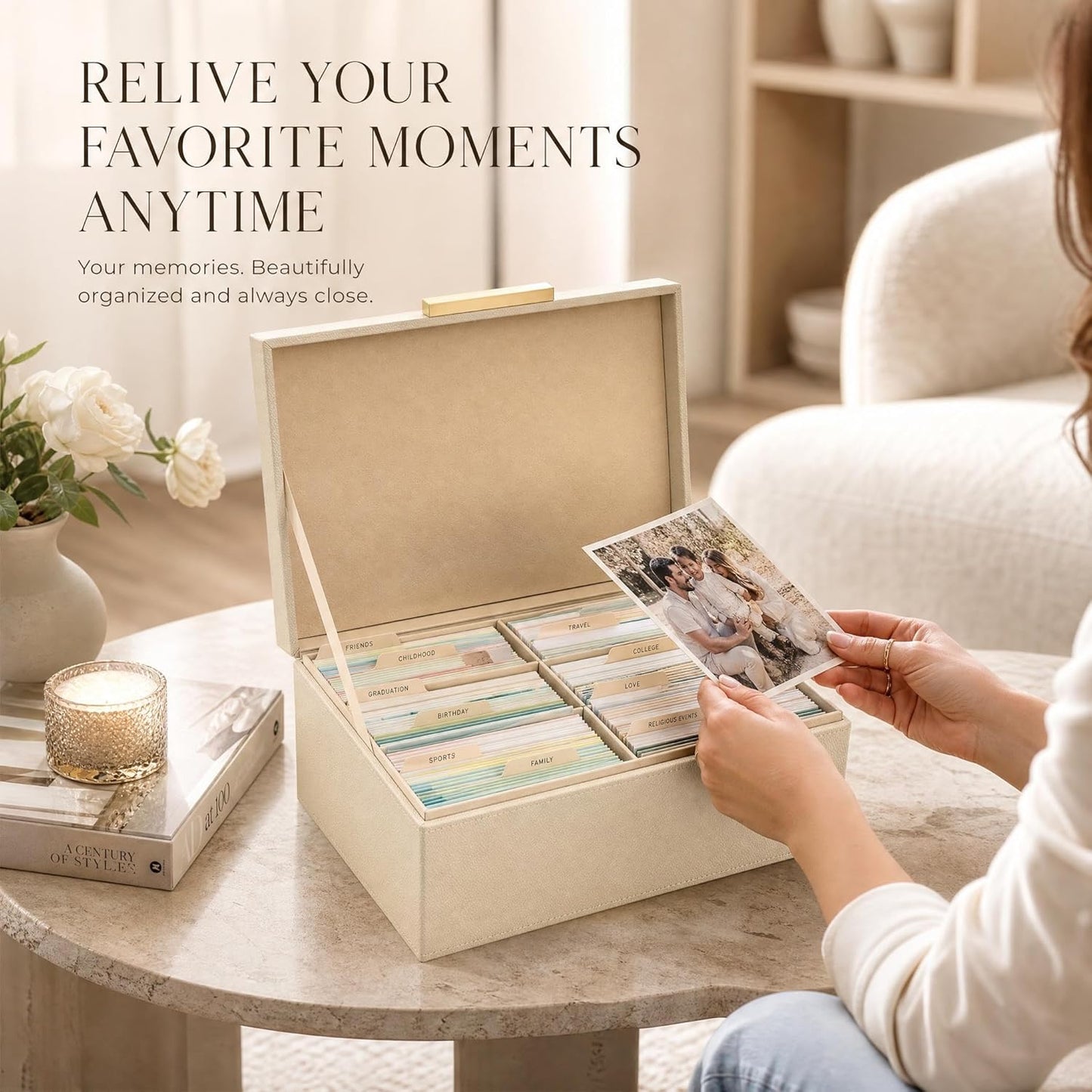 ZICOTO Decorative Photo Storage Box - Sturdy PU Leather Photo Organizer with Dividers is Perfect to Store Up to 1200 Pictures and 4x6 Photos - Portable Scrapbook Storage Containers with Lid