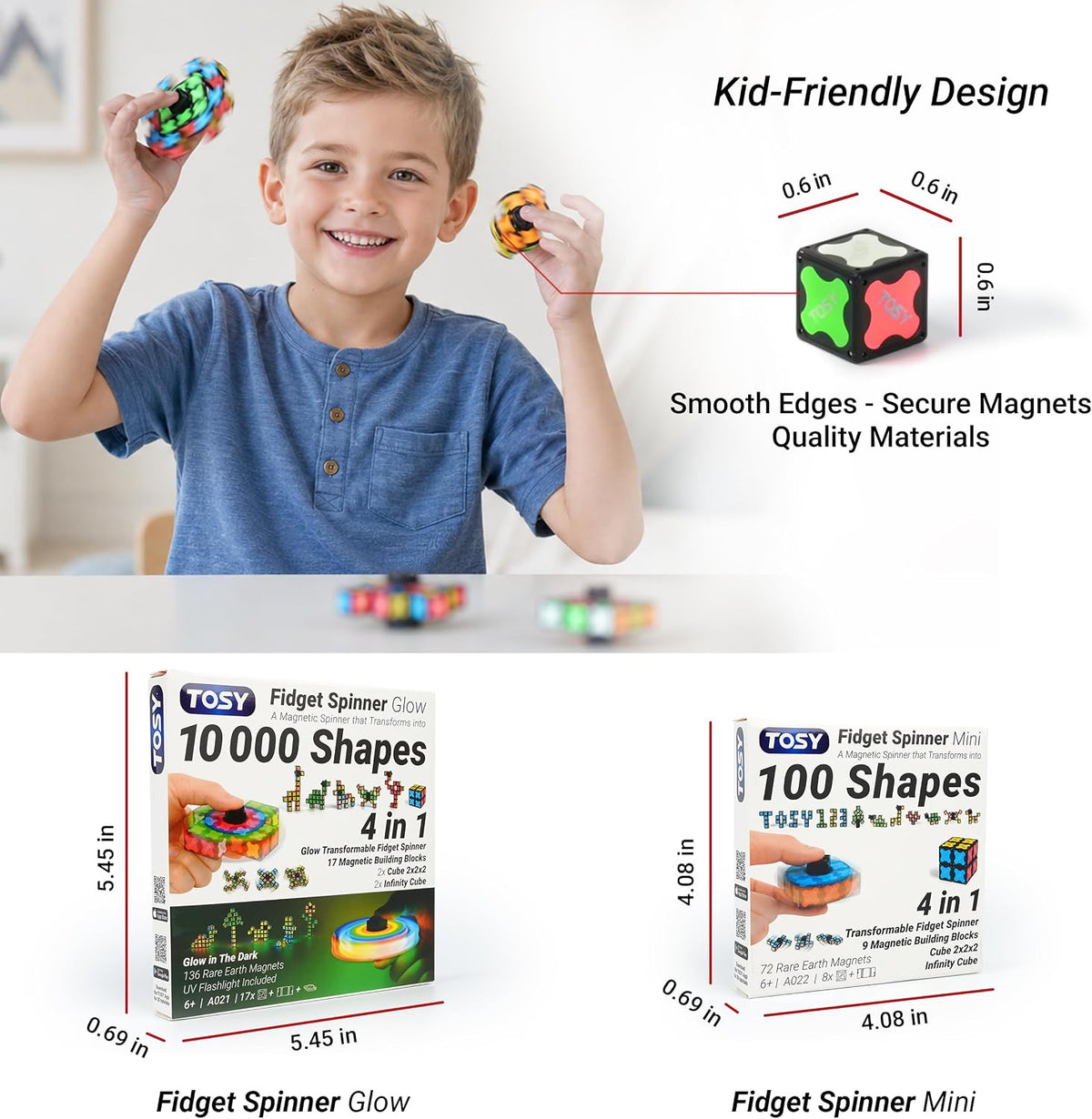 TOSY Magnet Fidget Spinner Mini - 8 Blocks, 3 in 1 Toy: Transformable Fidget Spinner, Infinity Cube, 2x2 Puzzle Cube, Stress Relief, STEM Magnet Tiles Birthday Gift for Kids/Boys/Girls/Adults, 2-Pack