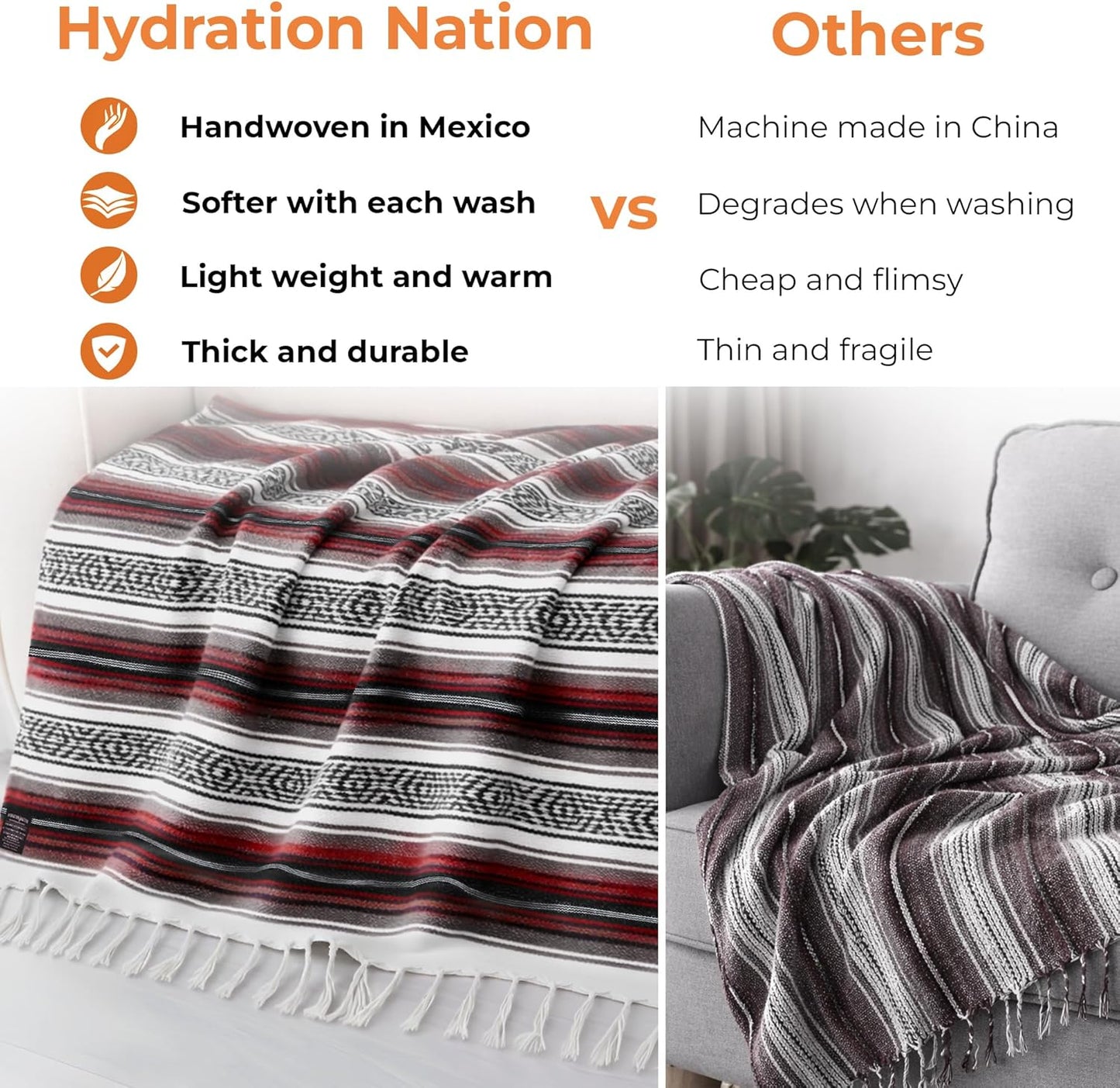 Mexican Blanket (Authentic Handmade Falsa) - Durable, Lightweight Baja Indian Blanket for Yoga, Beach, Camping, Picnic, Car/Truck, Outdoor Mexican Throw, Baja Saddle Blanket, 70"x50", Cherry