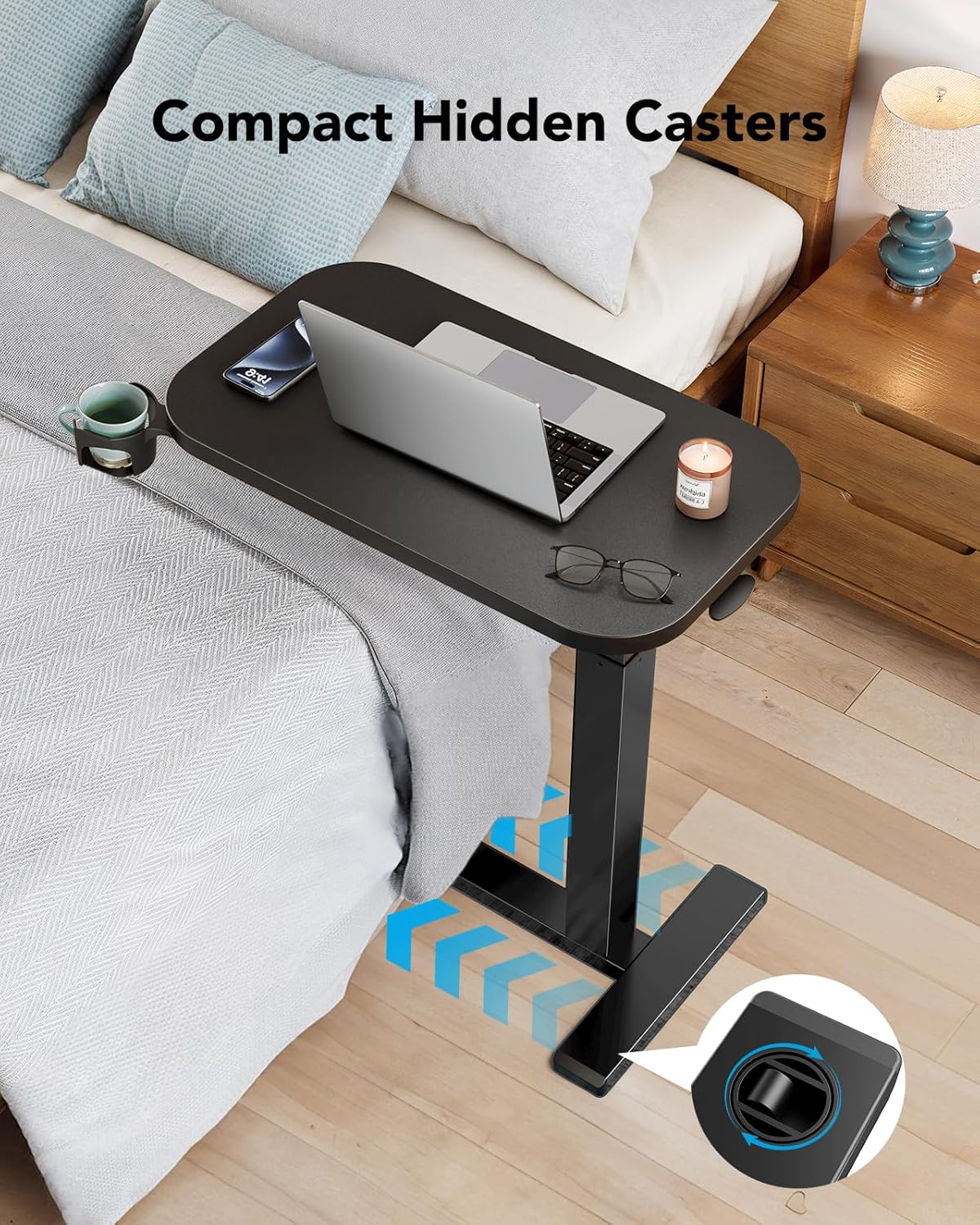 HUANUO 32Inch Bedside Table with Wheels, Height-Adjustable Rolling Computer Cart, Overbed Table with Cup Holder, Pneumatic Laptop Standing Desk for Home Office, Black