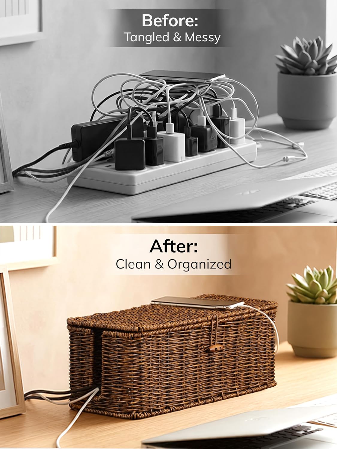 Cable Management Box, Cord Organizer with Lid & Cable Ties - Brown Set | Handmade Open Slots Cord Hider Outlet Covers for Power Strip TV PC Router Charger Under Desk Storage