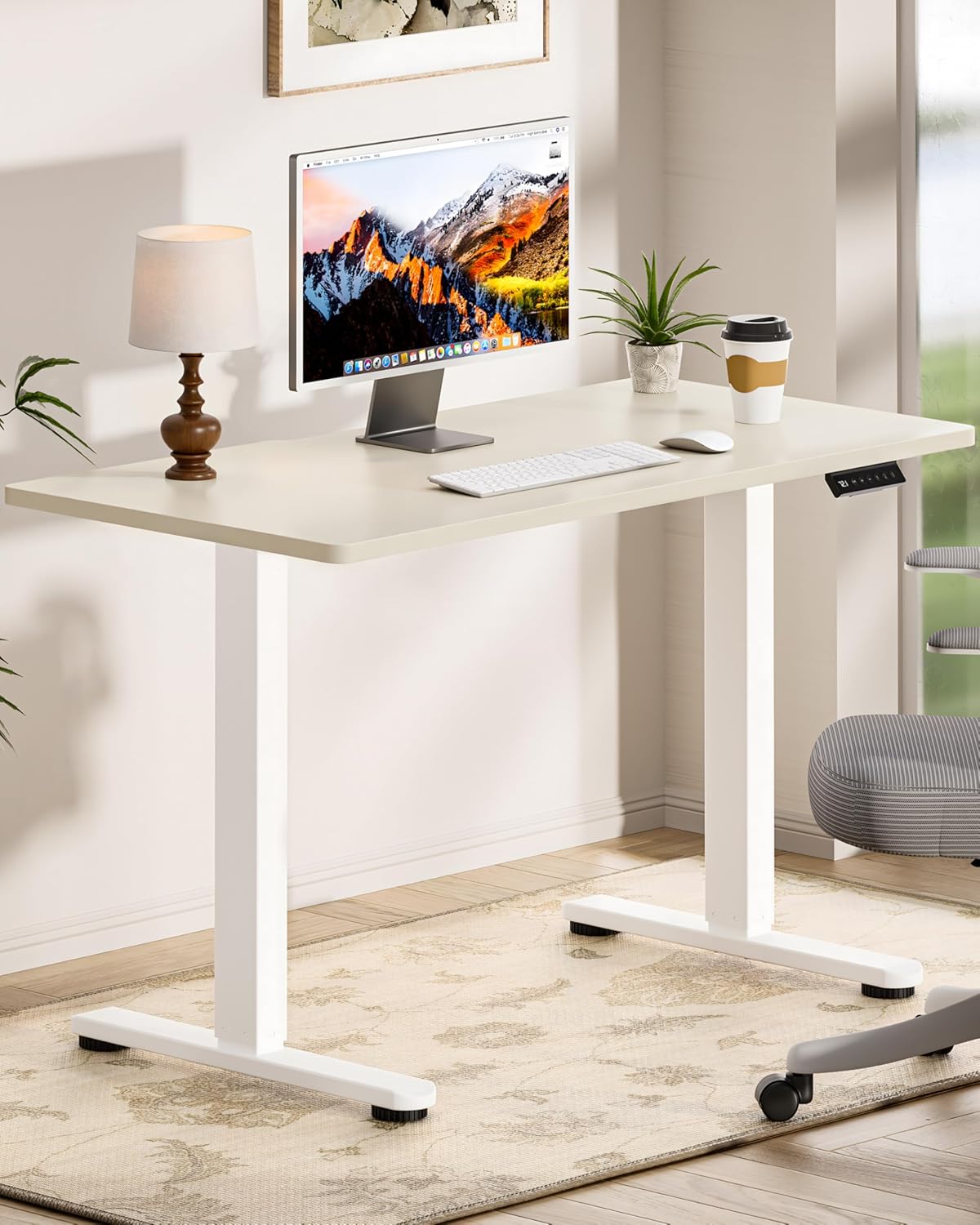 Okin Standing Desk Electric Adjustable Computer Whole Piece Stand up Desk Office Gaming Home Office Memory Desks 48x24 inches Cream Brown