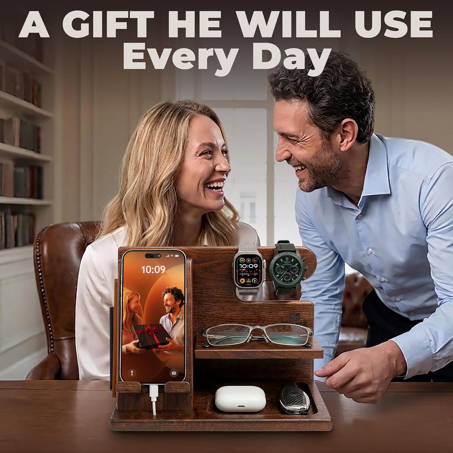 TESLYAR Wood Phone Docking Station for Men - Desktop or Nightstand Organizer - Birthday Gifts for Men, Dad - Anniversary Idea from Wife - Key Holder, Stand Wallet, Watch & Essentials (Bourbon Brown)