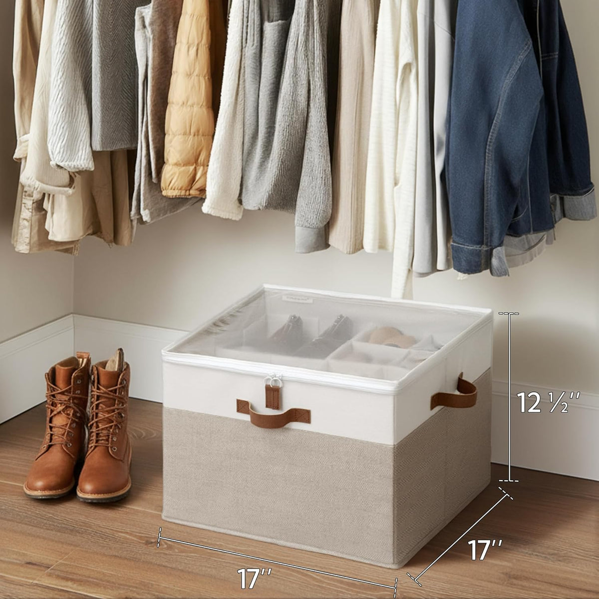 StorageWorks 16-Pair Fabric Shoe Storage Box for Closet, Brown and White