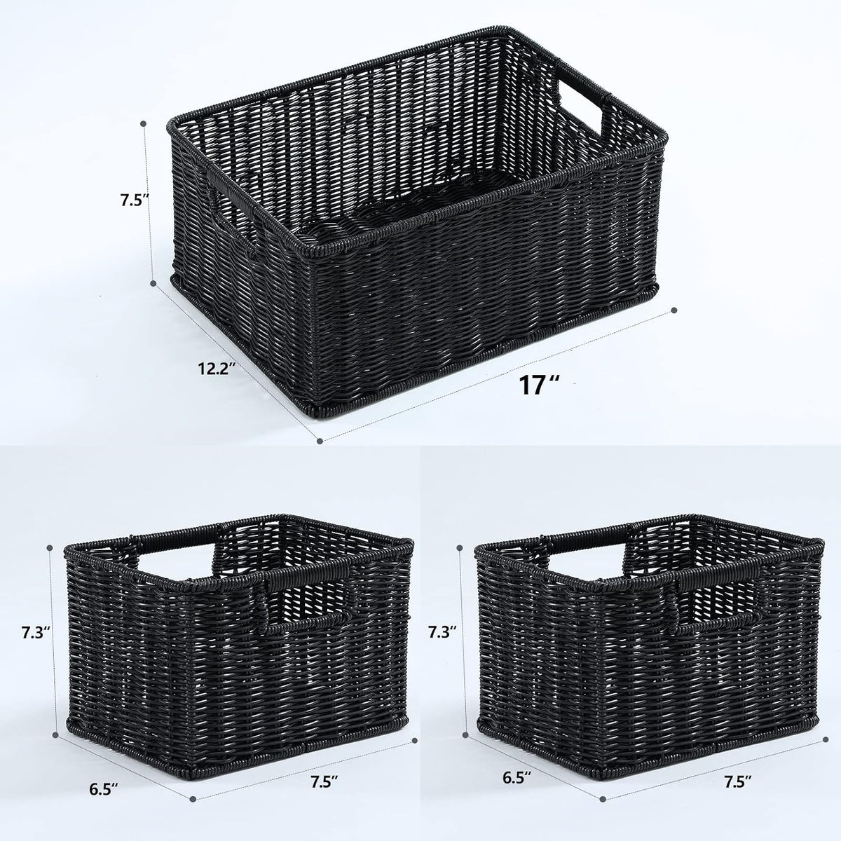 HOONEX Large Wicker Baskets for Storage, Woven Plastic With Dual Handles, Set of 3, Black
