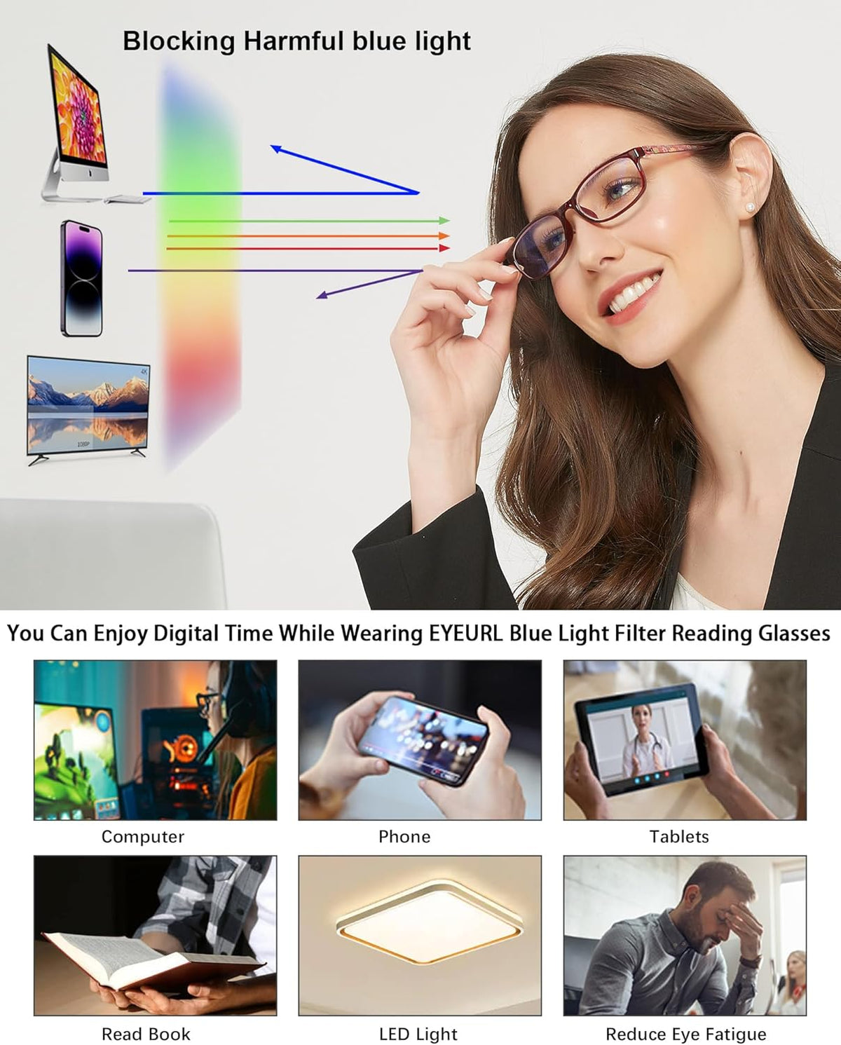 EYEURL Reading Glasses for Women Men Blue Light Blocking Readers 2.75