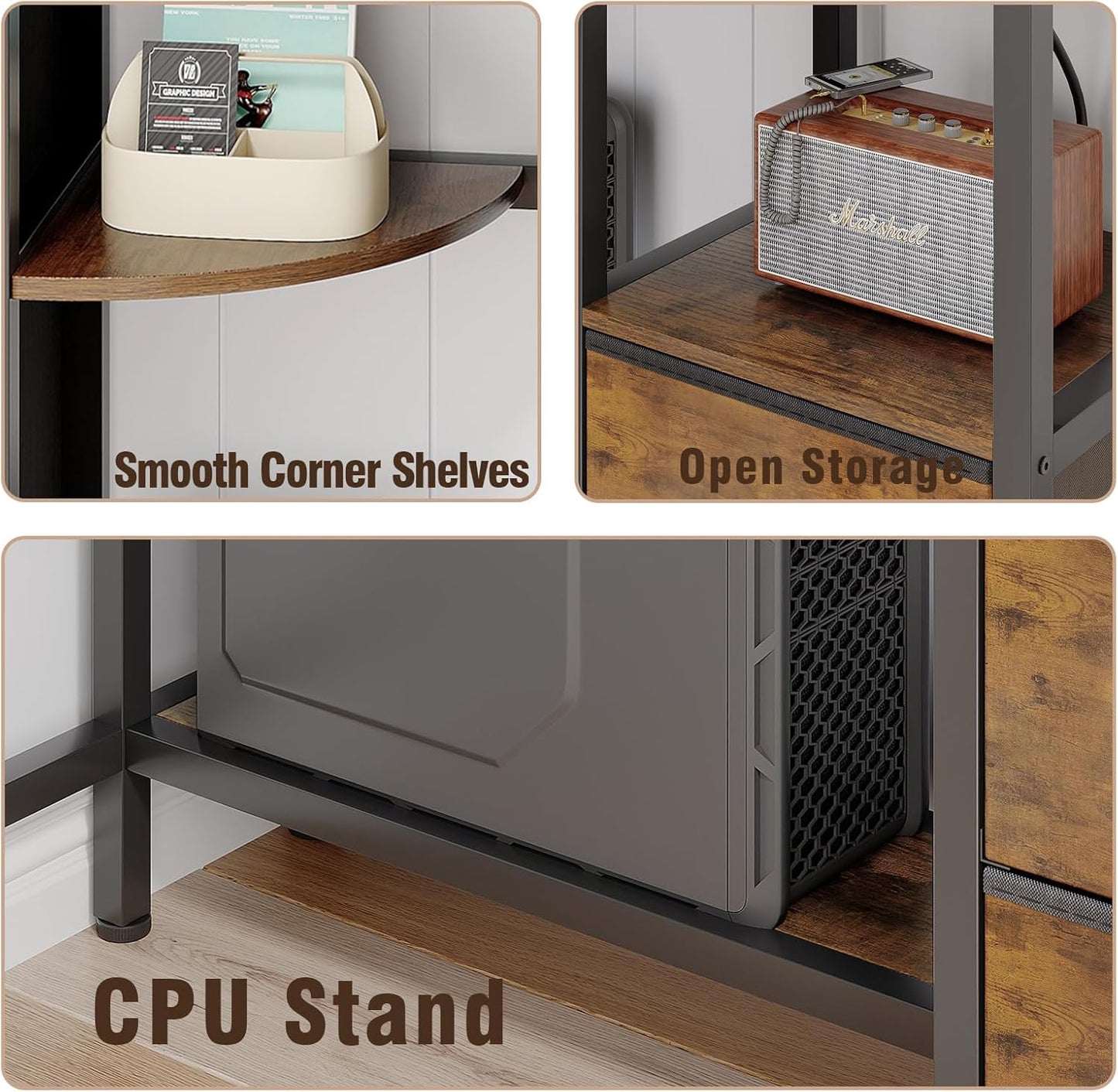 VENNQD Corner Desk with 6 Fabric Drawers Shelves for Small Space Computer Desk with Power Outlets,Gaming Desk with Printer Monitor Stand Storage for Home Office Workstation Writing Table Brown
