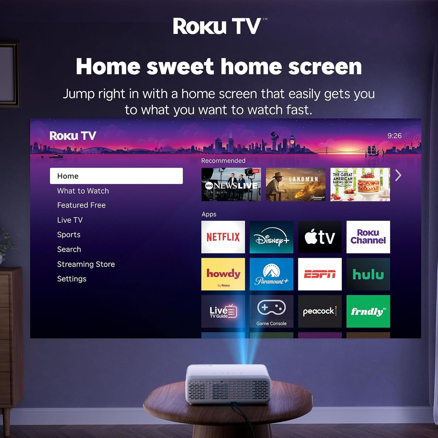 Aurzen Roku TV Smart Projector with Wifi and Bluetooth, Roku TV Built-in, 1080P FHD, DoIby Audio, Auto Focus & Keystone, Zoom, Movie Portable Outdoor Mini Projector for Soccer Football Game, White