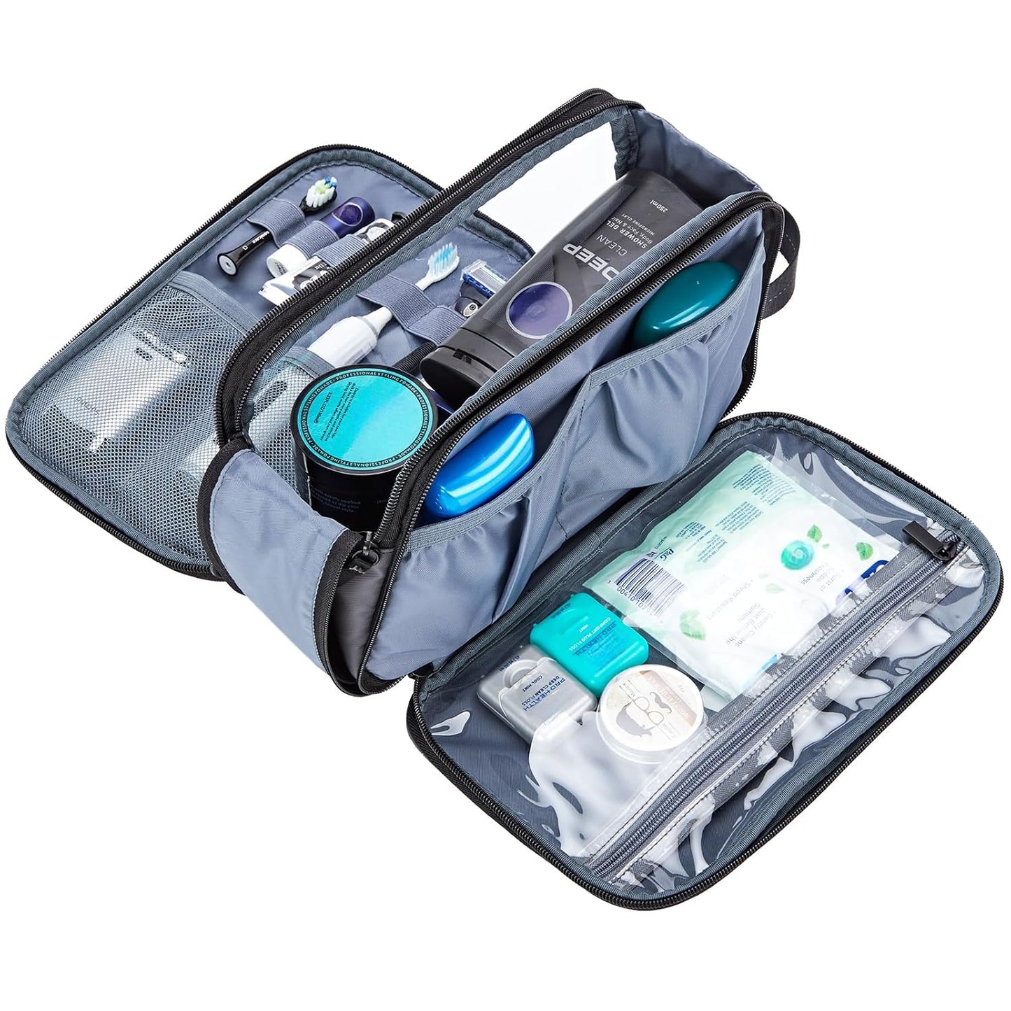 ZEEMO Travel Toiletry Bag for Men, Medium Water-Resistant Double-Sided Full-Open Dopp Kit, Versatile Organizer for Shower and Hygiene Accessories, Bathroom Essentials, Cosmetics, Grey