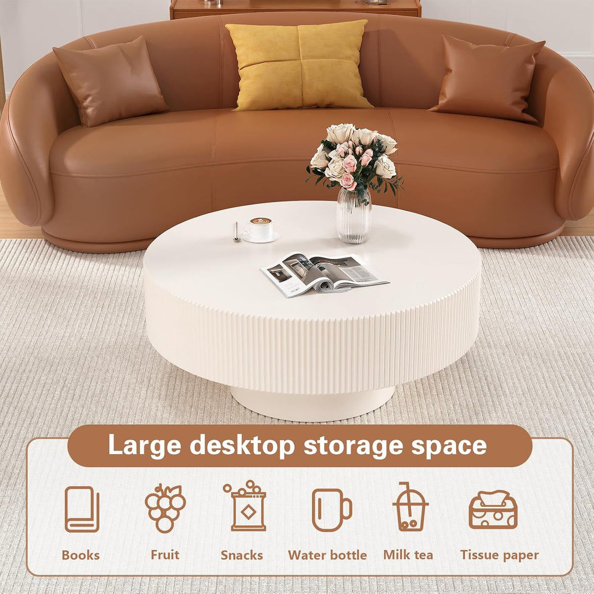 31'' Cream White Round Drum Coffee Table