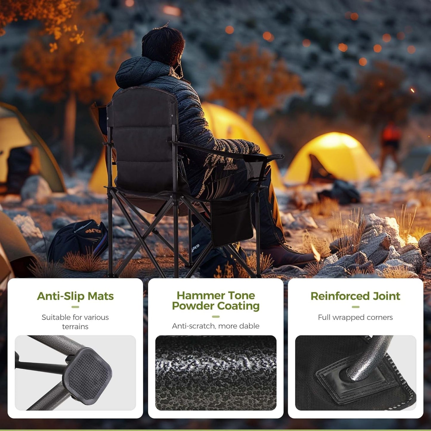 ALPHA CAMP Heavy Duty Camping Chair 500LBS Capacity, Oversized Folding Chair for Heavy People, Padded Portable Outdoor Chair with Cooler Bag & Cup Holder for Camping, Fishing, Beach