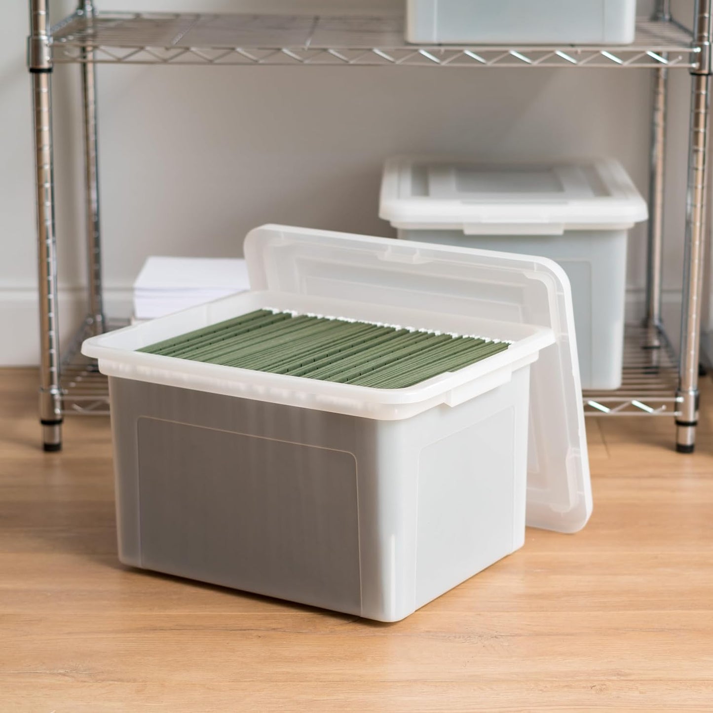 IRIS USA File Box with Lid, File Storage Box for Letter Size Documents, Portable Plastic File Box, Stackable Nestable Organizer, 35 Qt, 4 Pack, Pearl