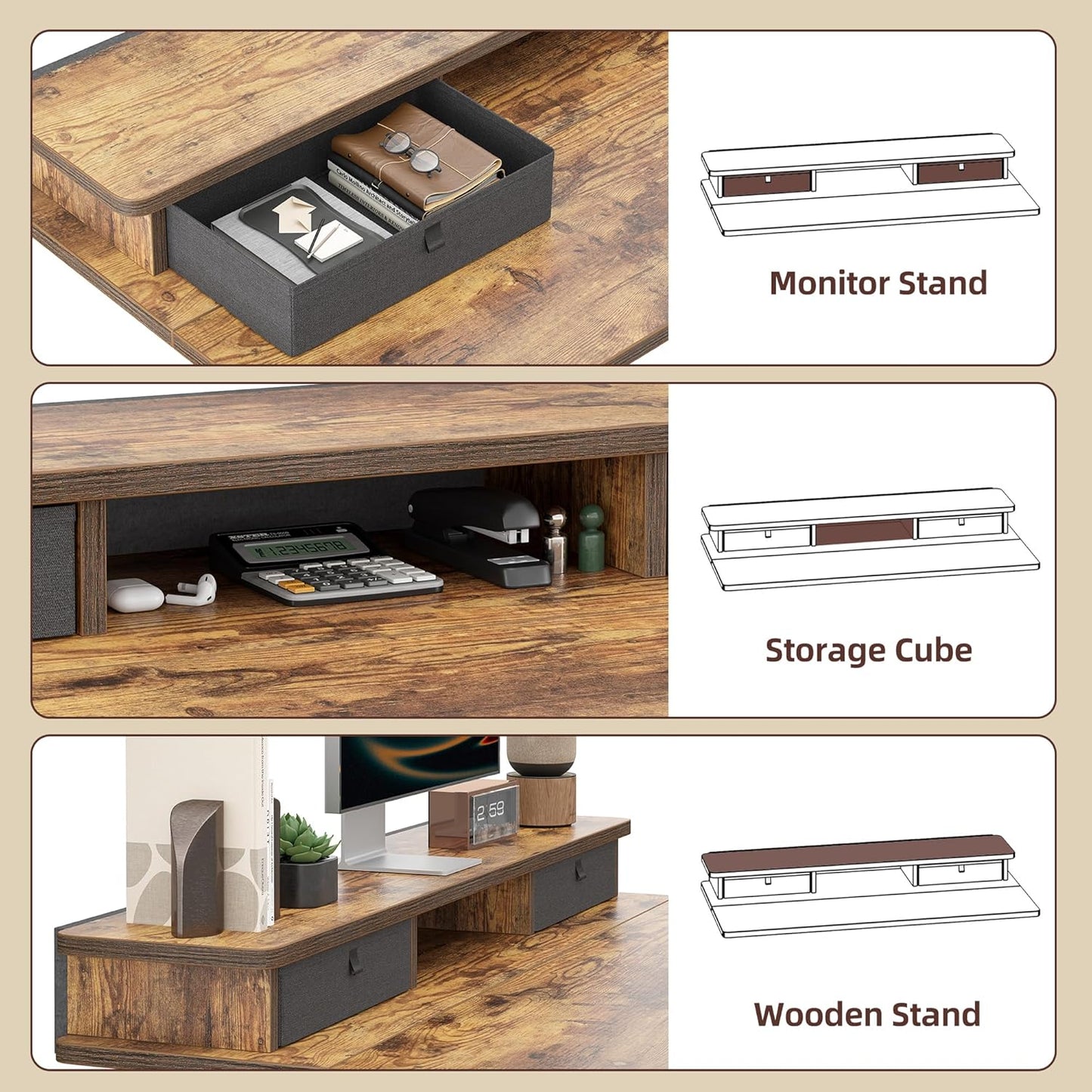 TIQLAB Standing Desk with Two Drawers, Stand Up Standing Desk Adjustable Height, Electric Sit Stand Table with Storage Shelf and Splice Board, 48 * 24 inch, Rustic Brown