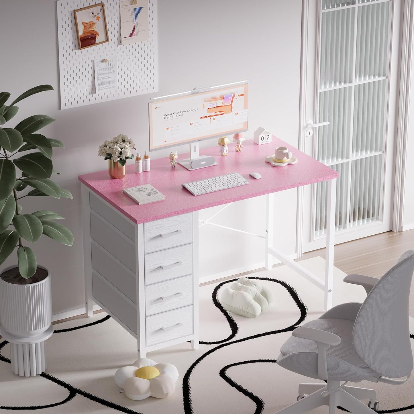 Pamray 32 Inch Computer Desk with 4 Drawers Small Office Desk for Home Bedroom Study Writing Simple Modern Computer Table Pink