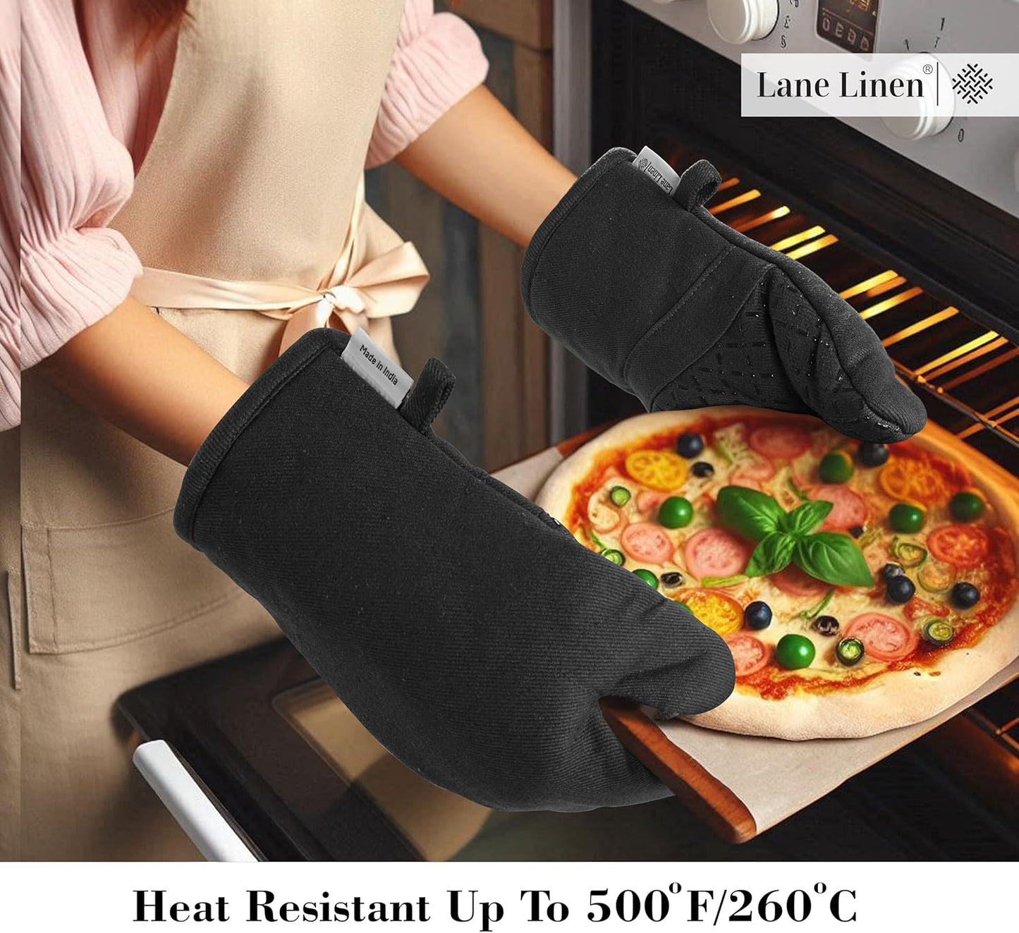 LANE LINEN 16-Piece Kitchen Towels & Dishcloths Set – Heat Resistant Silicone Oven Mitts, Pot Holder & Absorbent Terry Dish Towels – Black