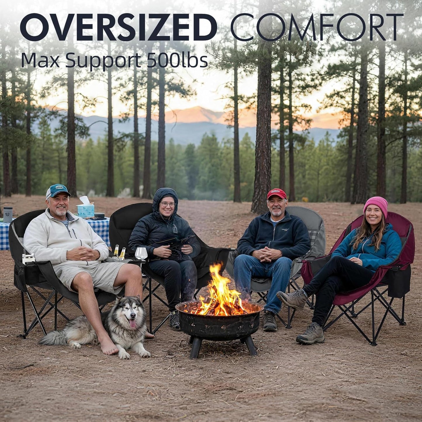 Oversized Camping Chair for Adults - Heavy Duty Outdoor Padded Large Lawn Camp Chair with Cup Holder Cooler Pockets for Sports Beach Fishing Garden Portable Supports 500lbs, Black/Grey 2 Pack