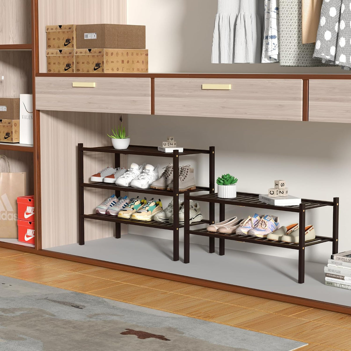 ROMGUAR CRAFT 3 Tier Bamboo Shoe Rack for Closet Free Standing Wood Shoe Shelf for Entryway Small Space Stackable 27"x11"x20" (Brown)