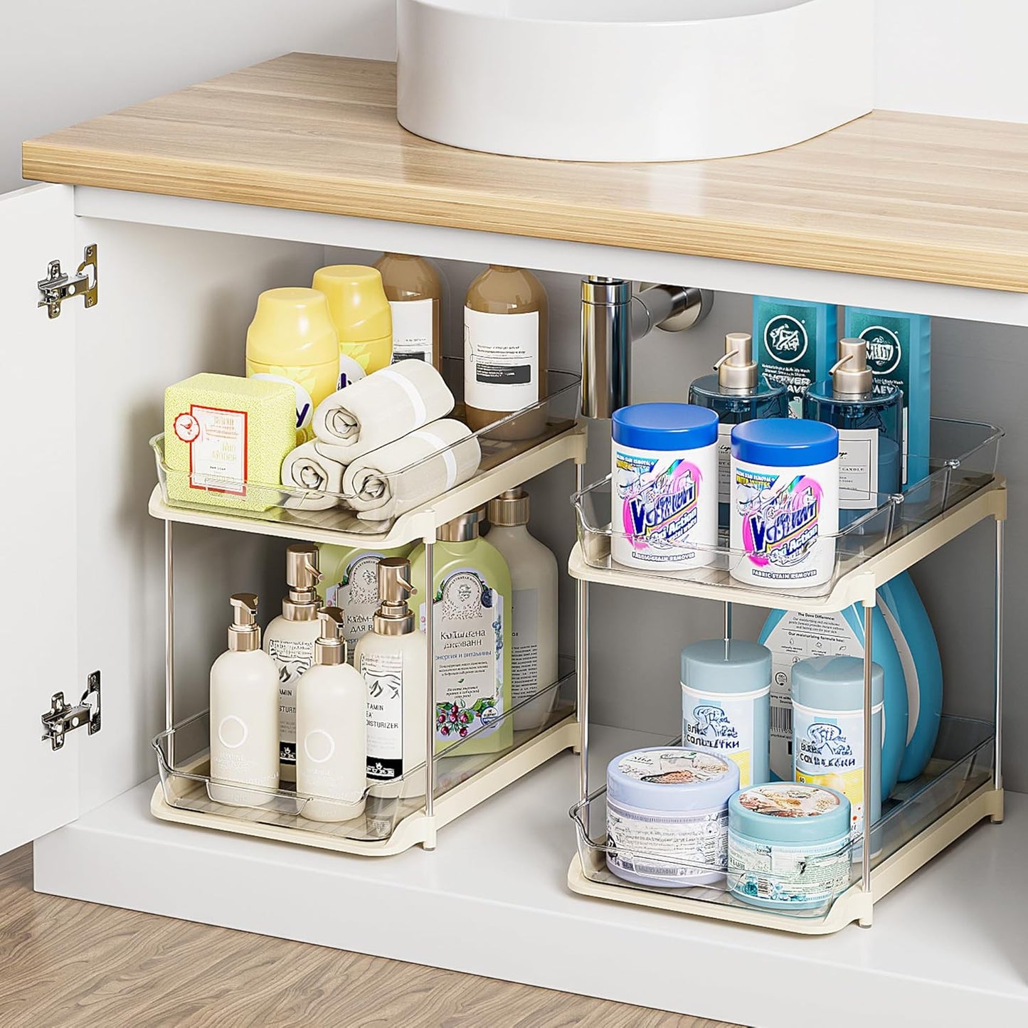 Delamu 2-Tier Multi-Purpose Bathroom Under Sink Organizers and Storage, Stackable Kitchen Pantry Organization, Pull Out Medicine Cabinet Organizer with Movable Dividers, Beige, 2 Pack