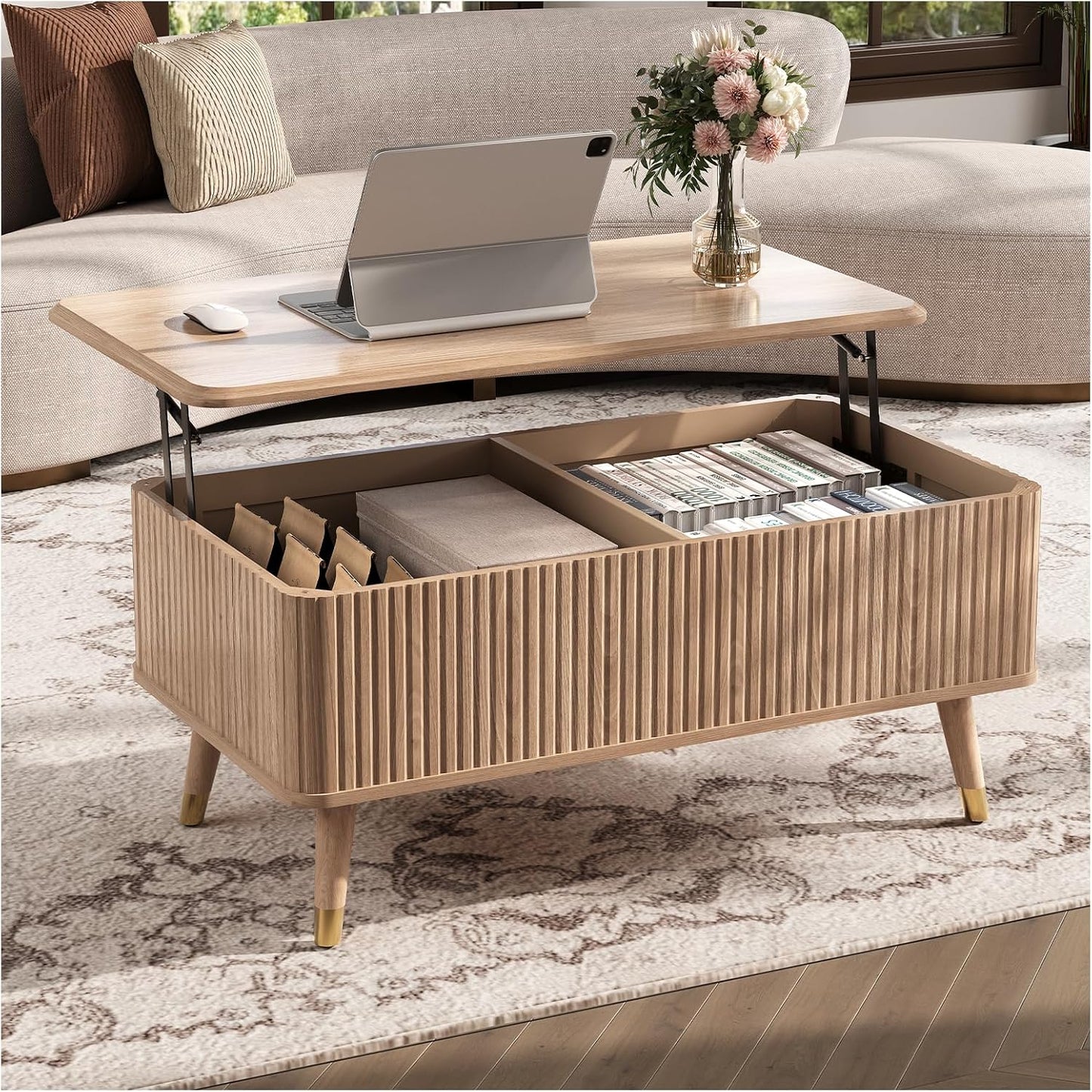 JOINICE Lift Top Coffee Table with Storage, Mid Century Modern Rectangular Center Table, Fluted Design with Hidden Compartment, Rising Desk for Work from Home, Living Room Furniture, Oak Finish