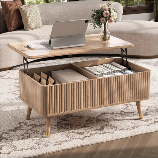 JOINICE Lift Top Coffee Table with Storage, Mid Century Modern Rectangular Center Table, Fluted Design with Hidden Compartment, Rising Desk for Work from Home, Living Room Furniture, Oak Finish