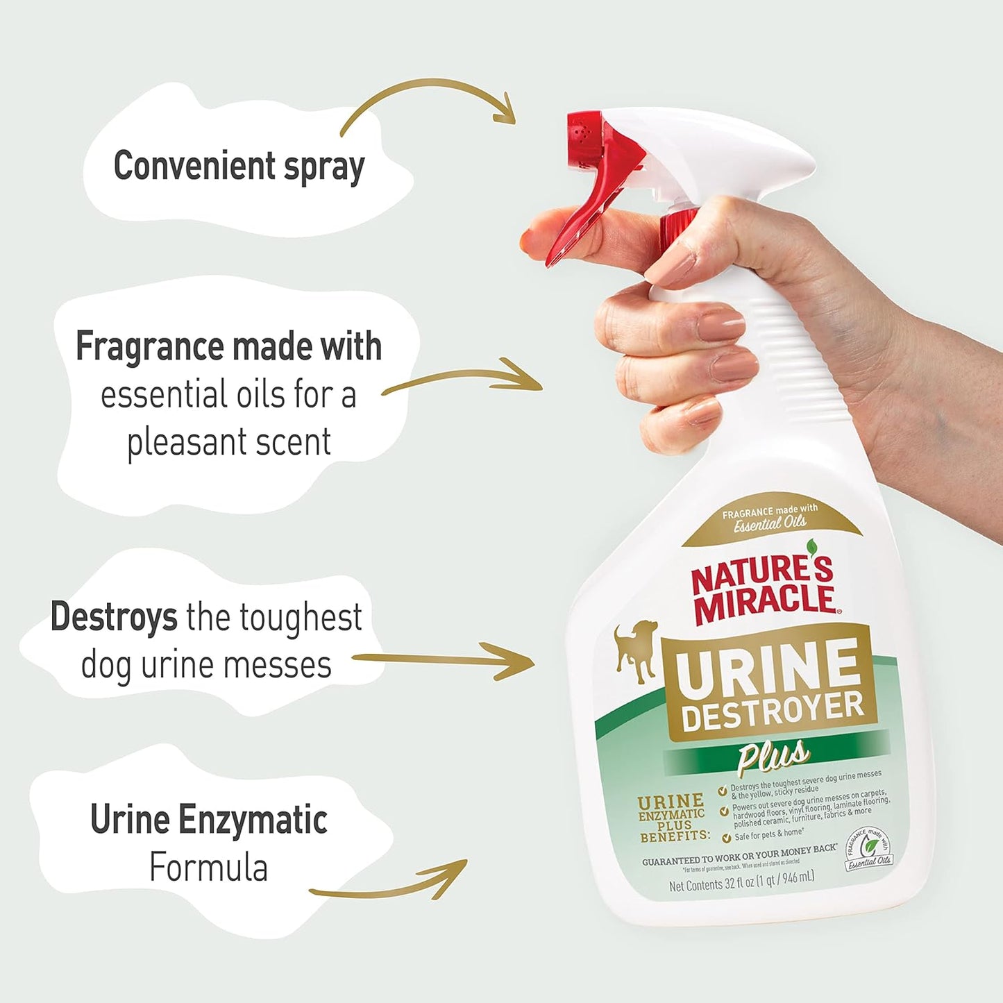 Nature's Miracle Urine Destroyer Plus for Dogs, Enzymatic Formula for Severe Dog Urine Stains, 32 oz