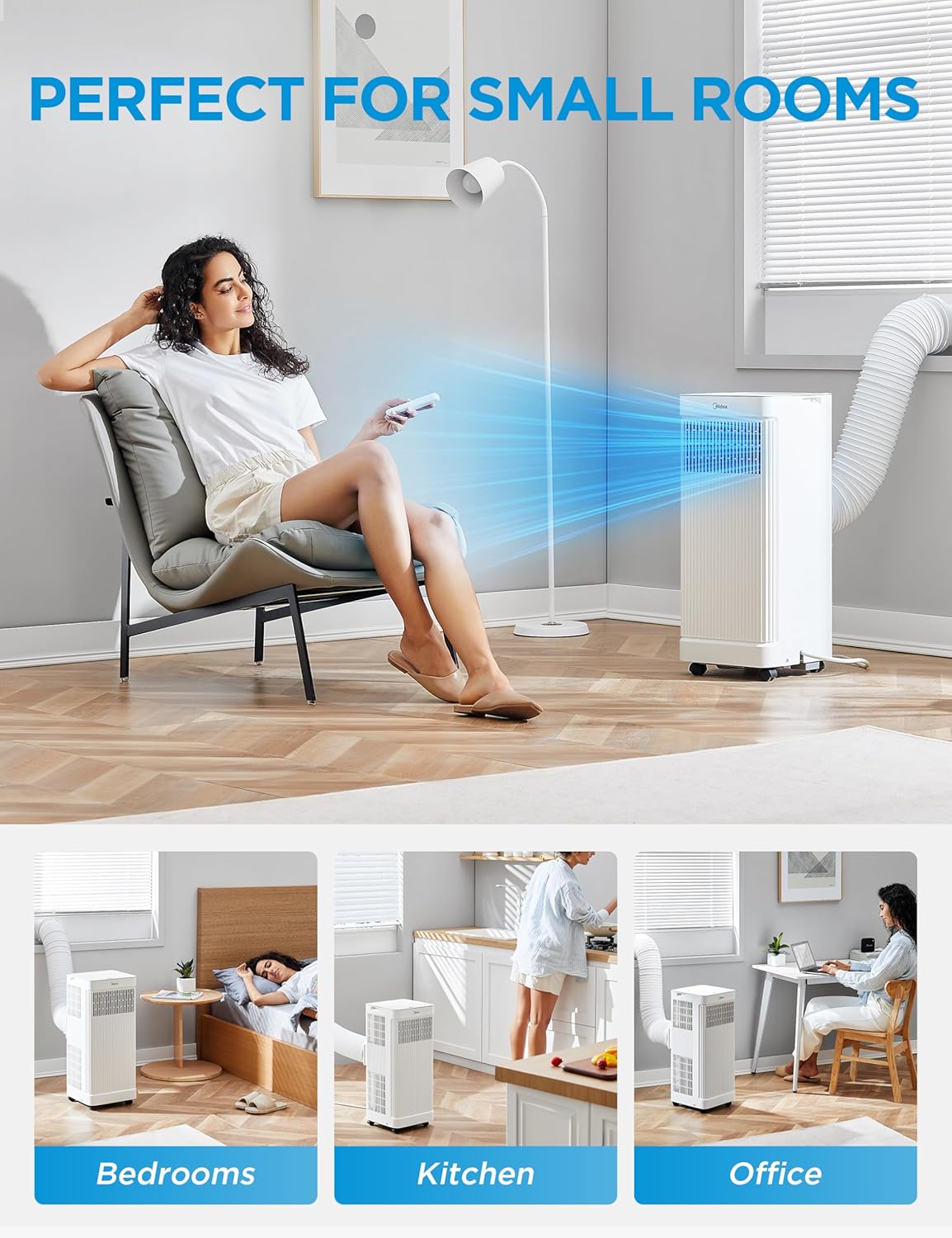 Midea 9,000 BTU ASHRAE (6,000 BTU DOE/SACC) Portable Air Conditioner, Smart Control, Cools up to 250 Sq. Ft., with Dehumidifier & Fan mode, Remote Control & Window Installation Kit Included