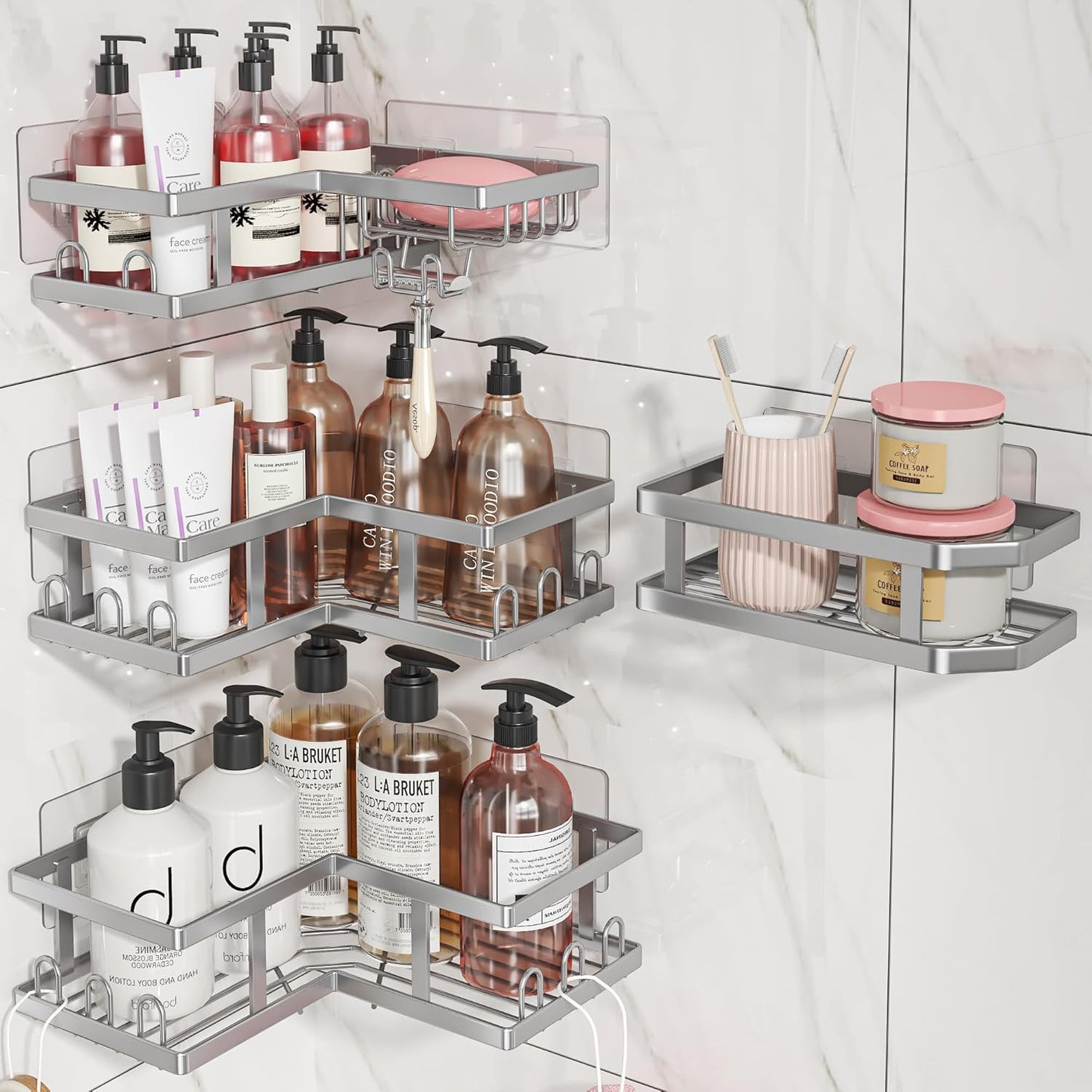 Youvip 4-Pack Adhesive Corner Shower Caddy with Soap Holder, No Drilling Wall Mounted Shower Shelves-Rustproof, Organizer for Bathroom, Kitchen & Home Decor. Pink