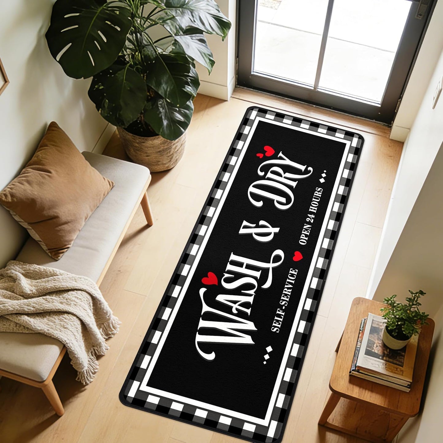 Washable Laundry Room Rug, 20"X47" Non Slip Laundry Mat Runner Soft Low-Pile Laundry Room Organization Farmhouse Decor Area Rug for Entryway Hallway Kitchen Bathroom Black Plaid
