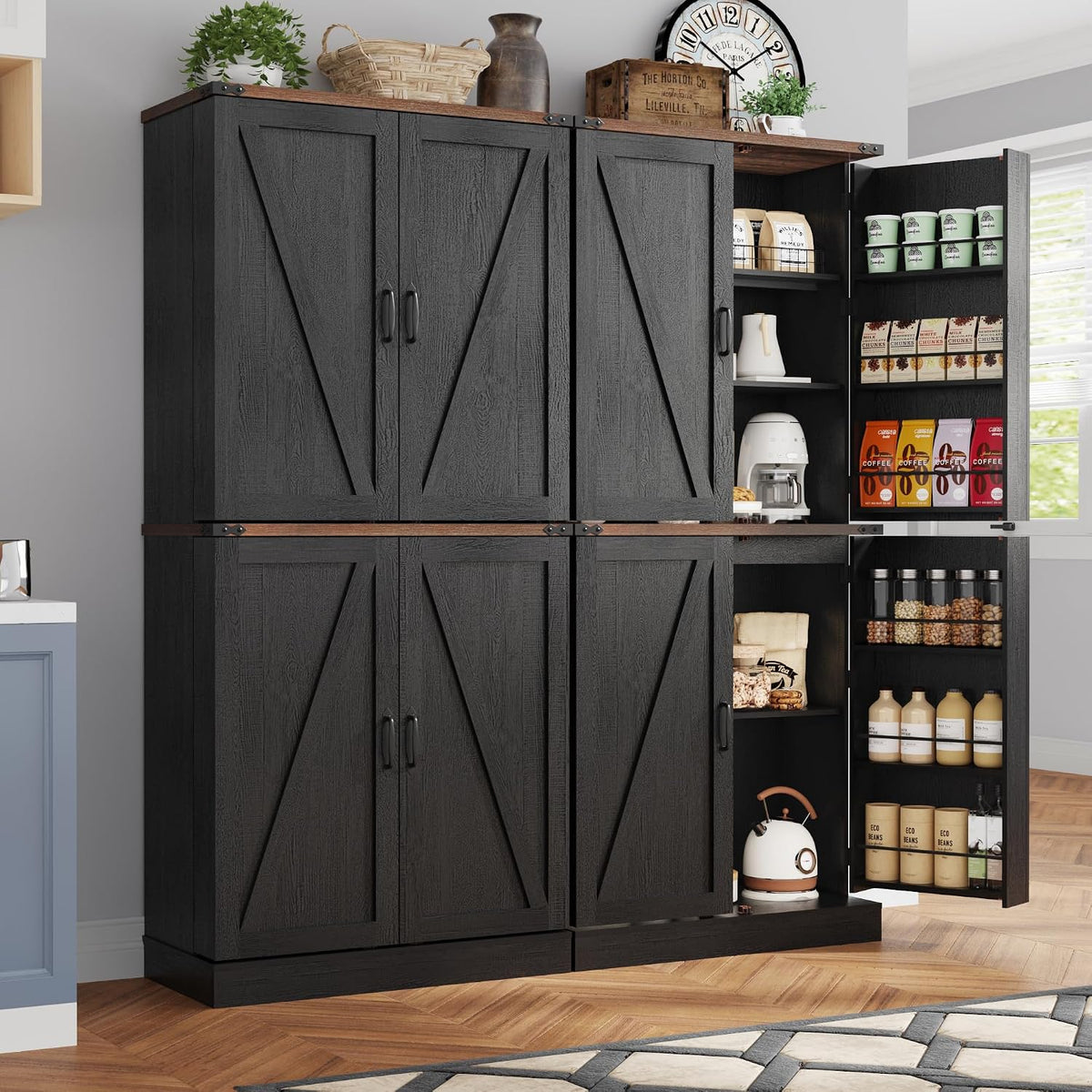 71" Tall Kitchen Pantry Cabinet, Farmhouse Tall Kitchen Storage Cabinet with Adjustable Shelves & 4 Barn Style Doors, Wooden Storage Cabinet for Kitchen, Dining Room, Living Room, Bathroom, Office