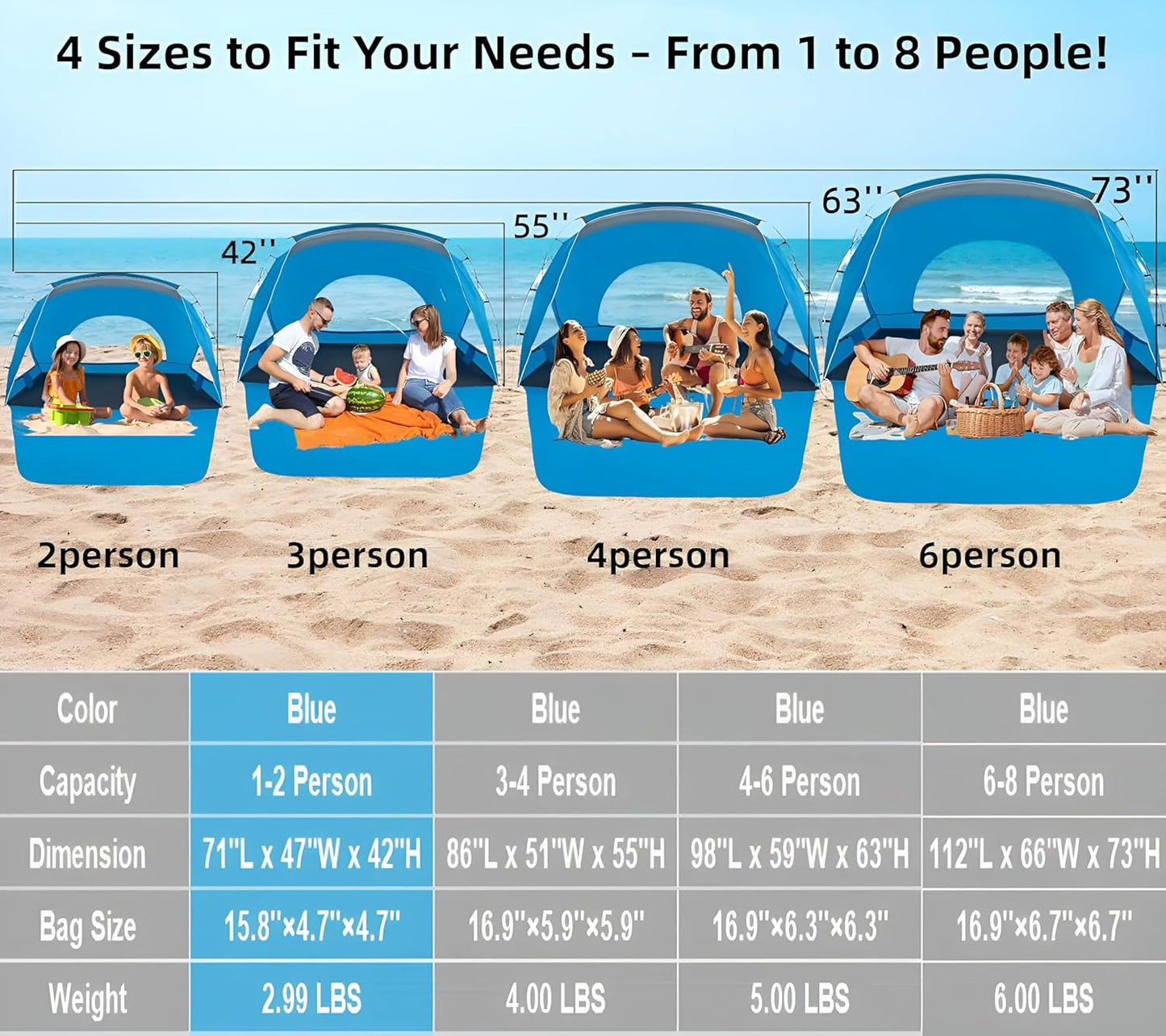 Beach Tent, Portable Sun Shelter for 2/3/4/6-8 Person with UPF 50+ UV Protection, Easy Setup Waterproof Beach Shade Canopy Cabana for Family Outdoor and Picnics, Fishing with Carrying Bag