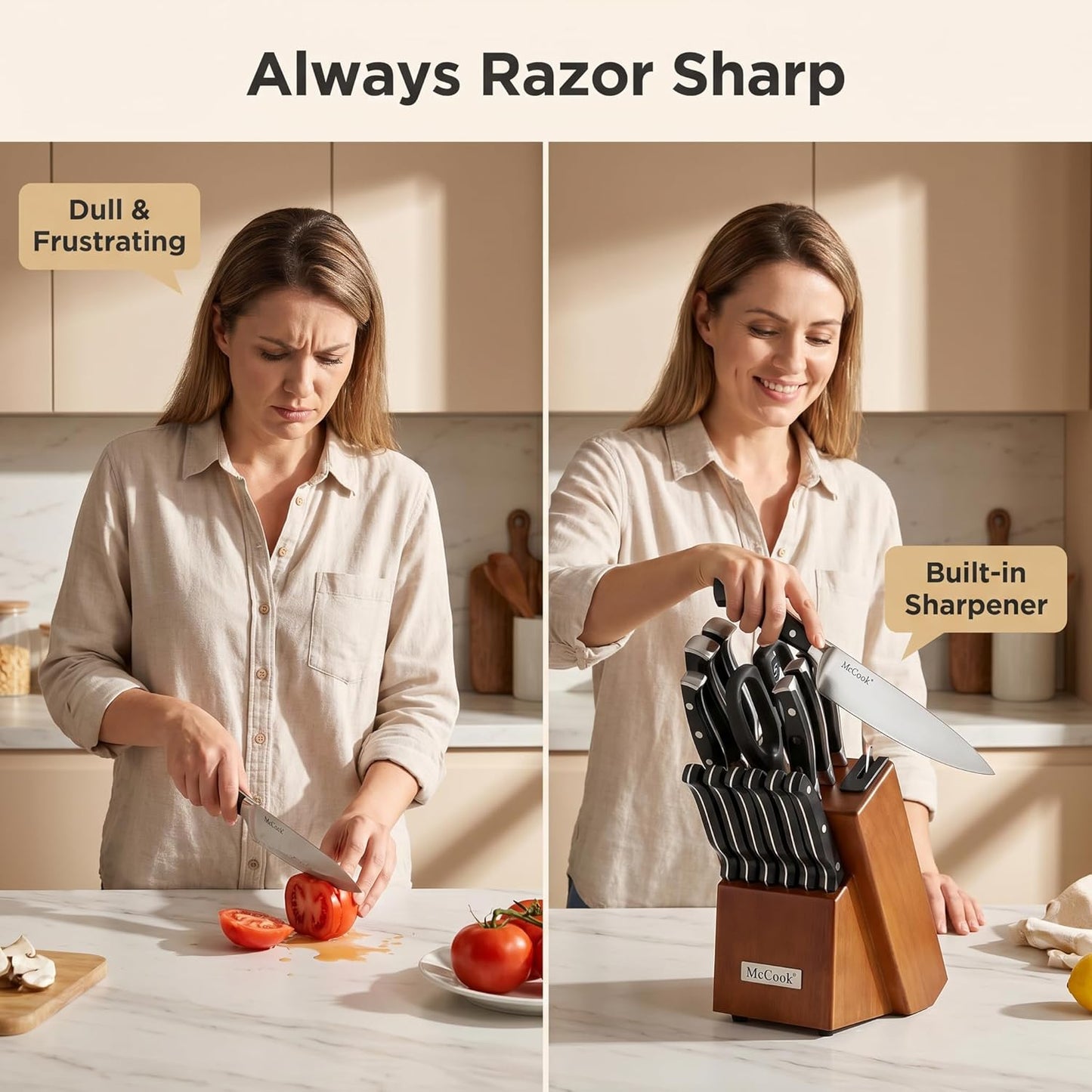 McCook® Knife Sets, German Stainless Steel Kitchen Knives Set with Built-in Sharpener and Wooden Block