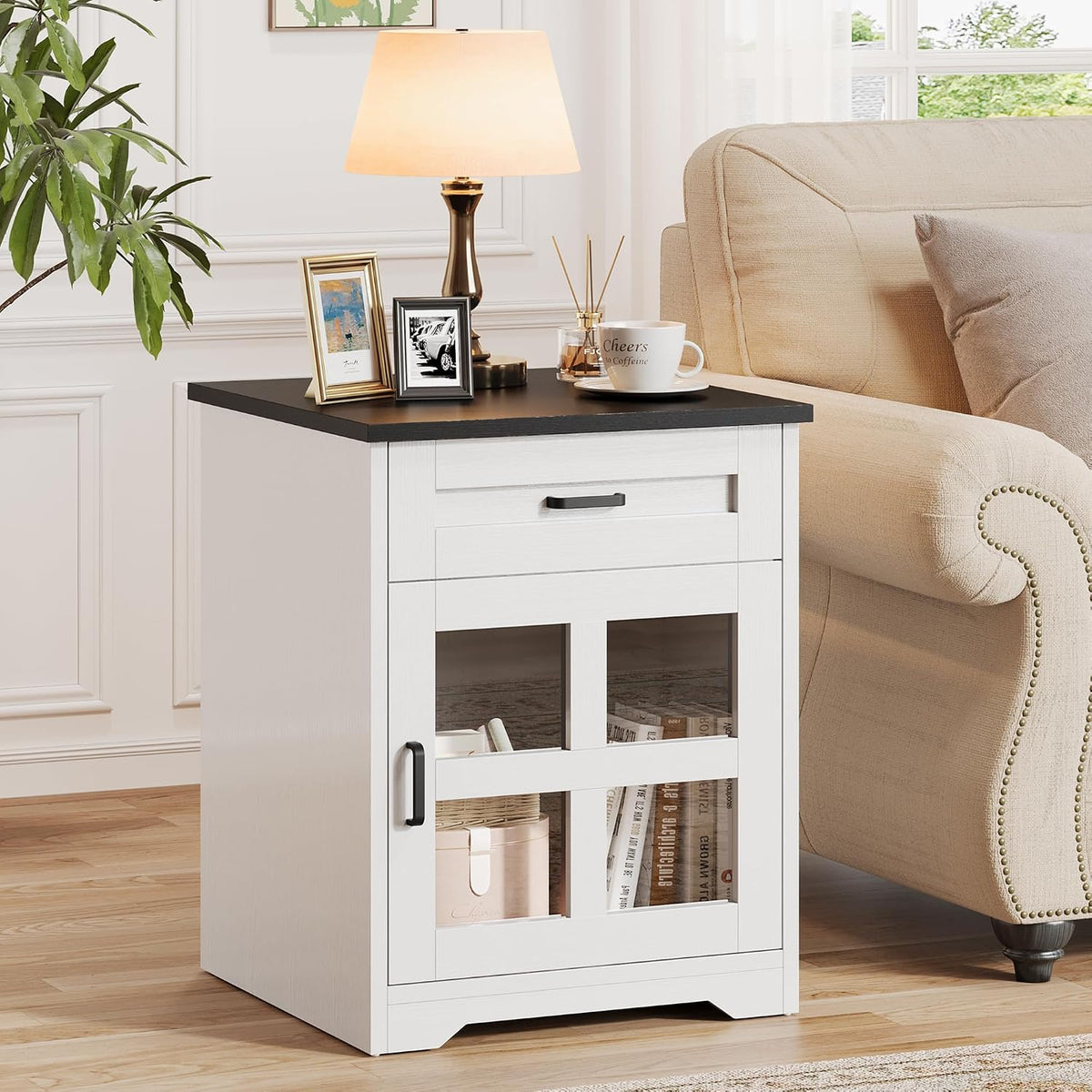 Farmhouse 18'' End Table, Narrow Sofa Side Table with Drawer and Barn Door, Wooden Nightstand Storage Cabinet for Living Room and Bedroom