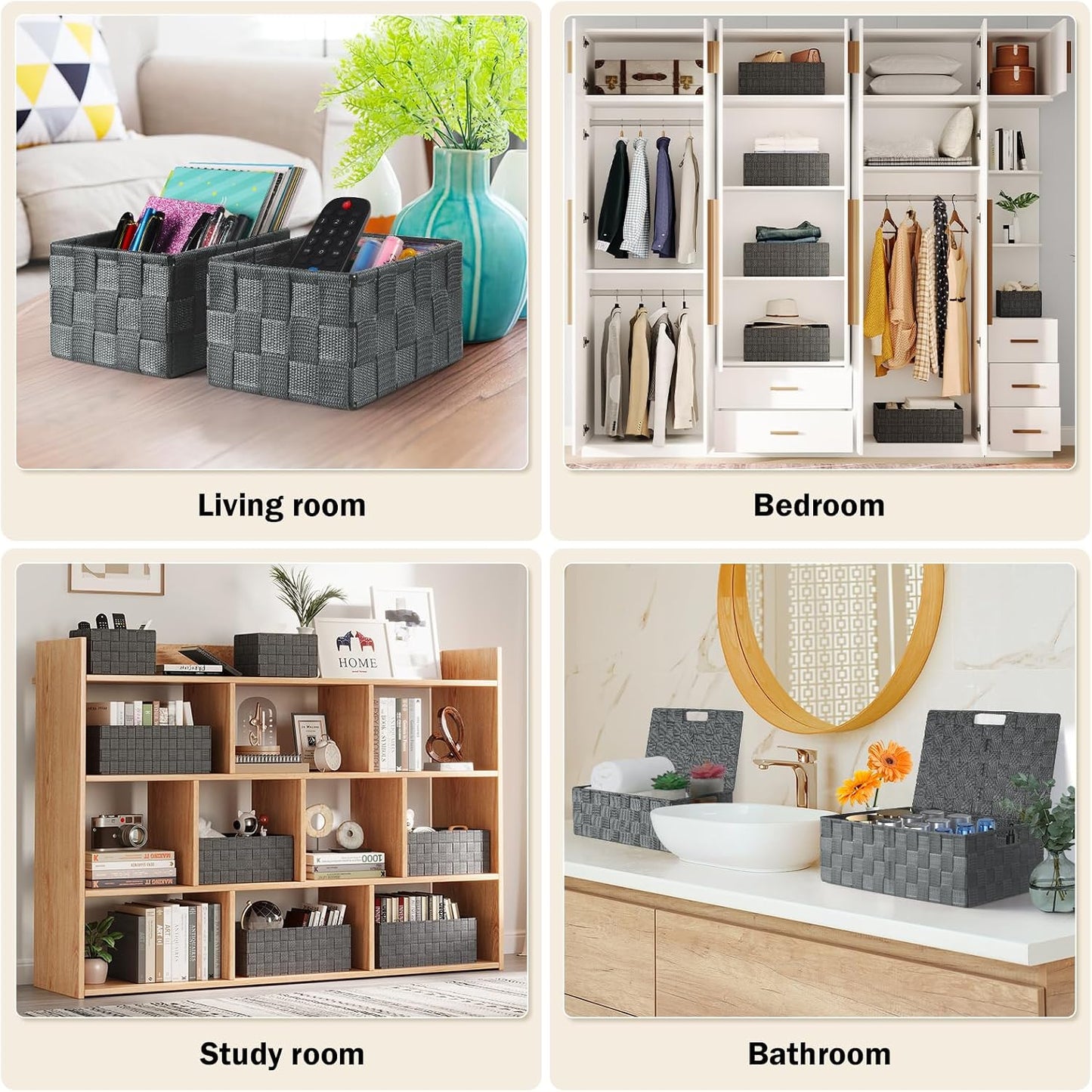 Storage Baskets with Lids: 5 Pack Stackable Woven Storage Bins, Grey